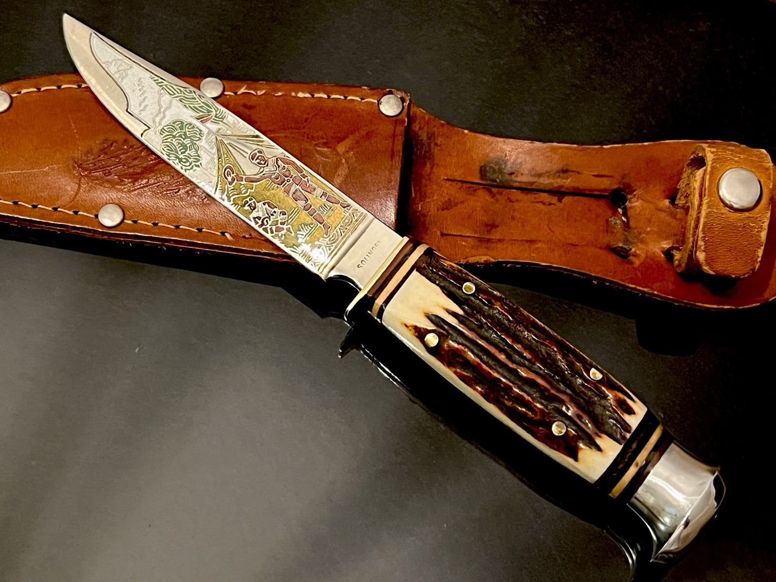Vintage Solingen Germany Stag Slab Side 7-1/2” Hunting Knife Deep Etched MINT