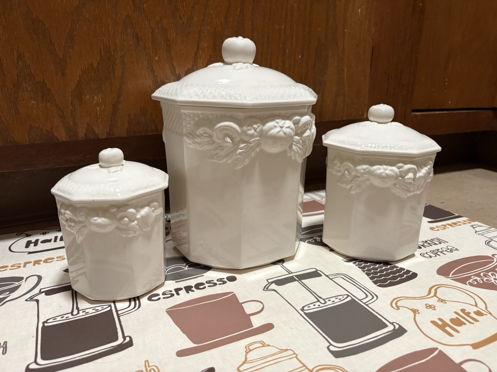 Vintage HiMark Japan Harvest Weave White Ceramic 3 Pc Canister Set Fruit