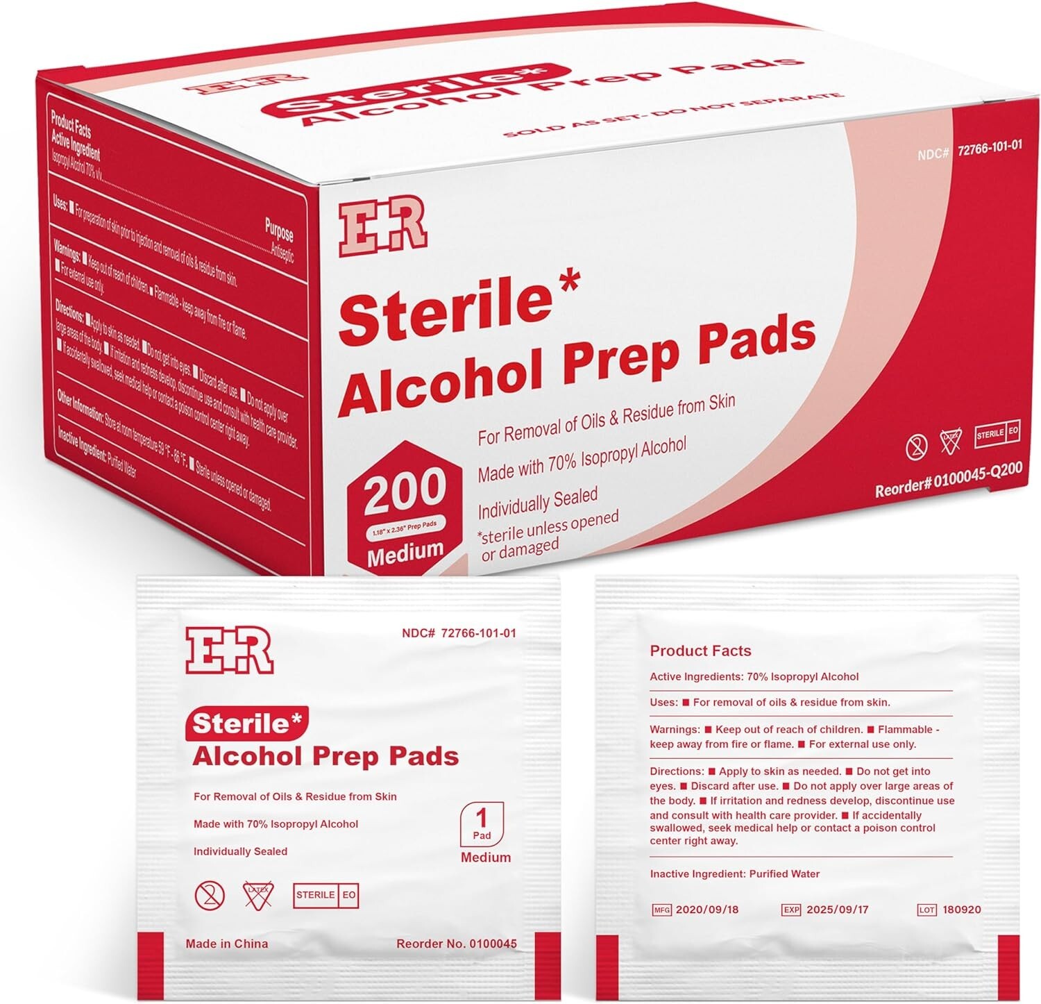 Ever Ready First Aid Alcohol Prep Pads Individually Wrapped Swabs - 200 Pads