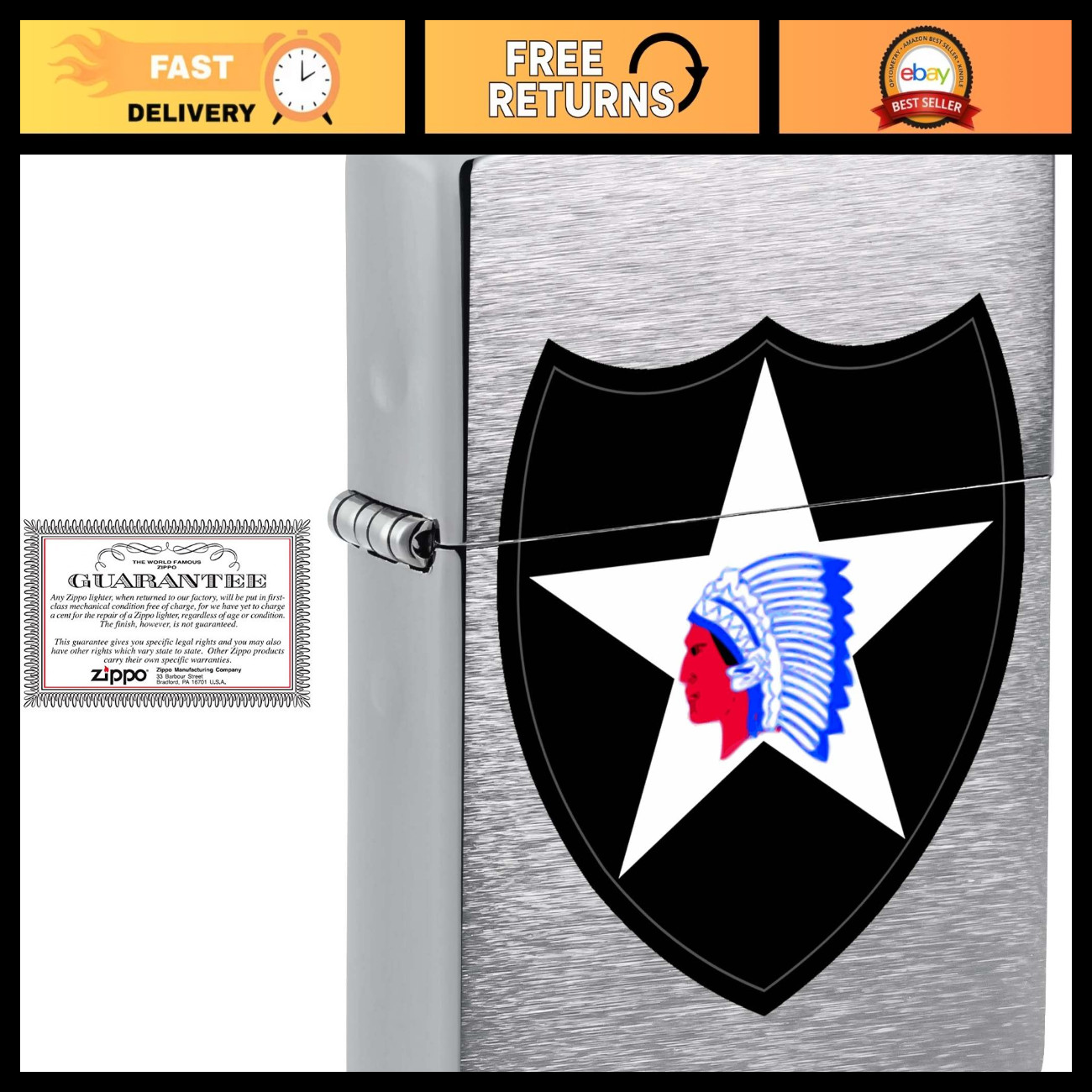 U.S. Army Second Infantry Division Zippo Lighter - Brushed Chrome Collectible Gi