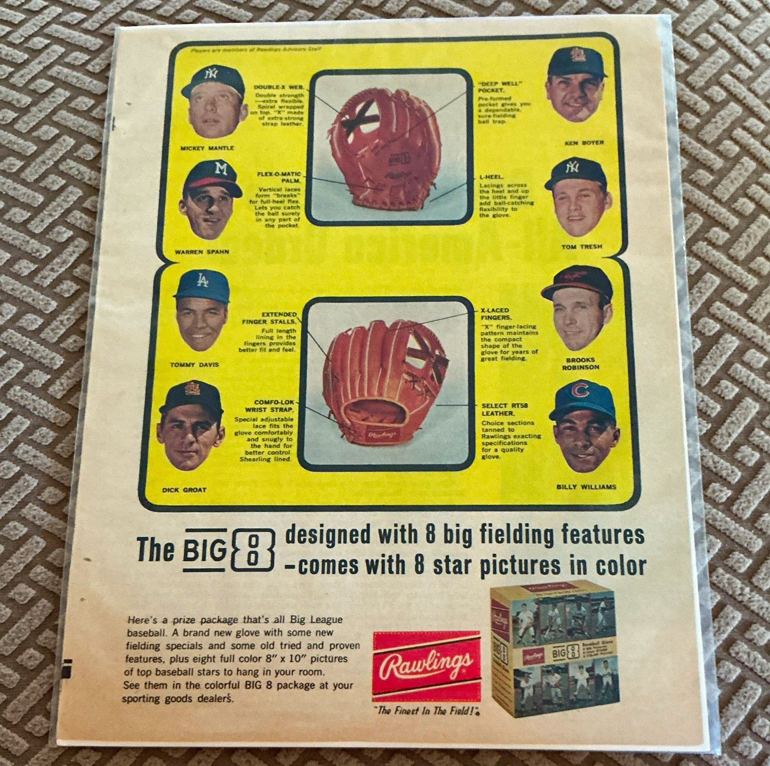 Rawlings The Big 8 Baseball Glove Print Ad, 8 Star Pictures, 1960s Color