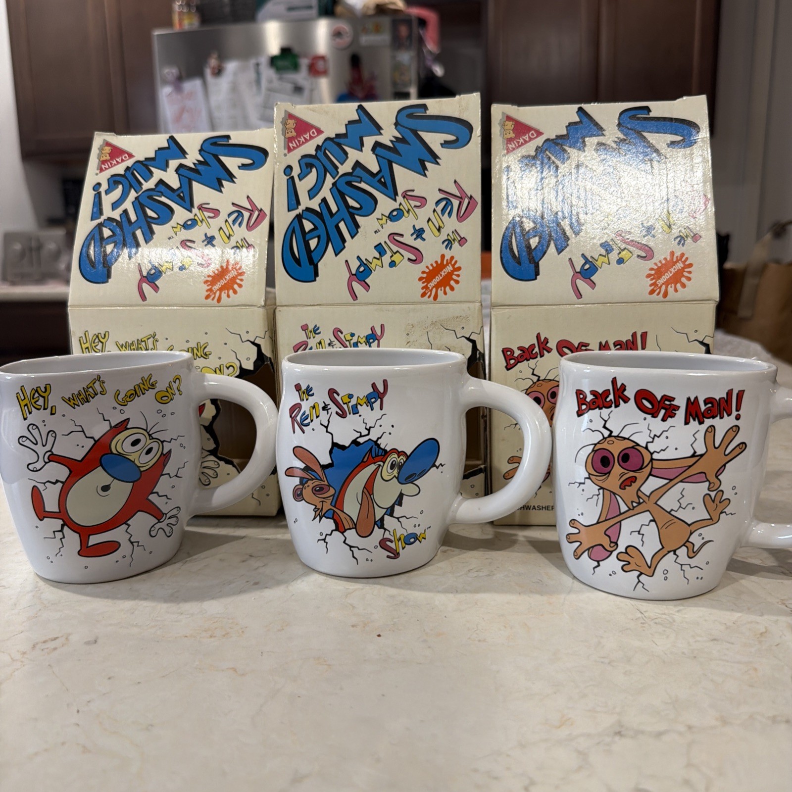 REN AND STIMPY SMASHED MUGS 1992 SET OF 3 VINTAGE BOXED COLLECTIBLE NickToons