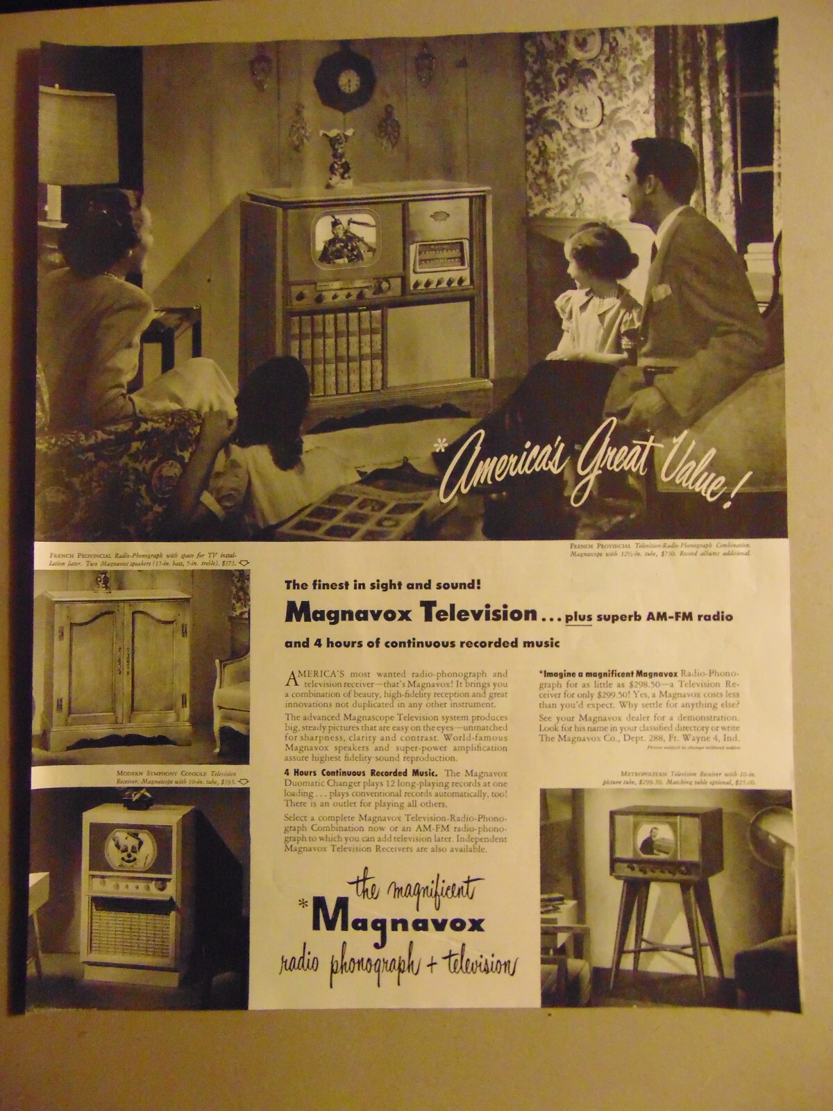 1949 Magnavox Television AM-FM Radio vintage print ad