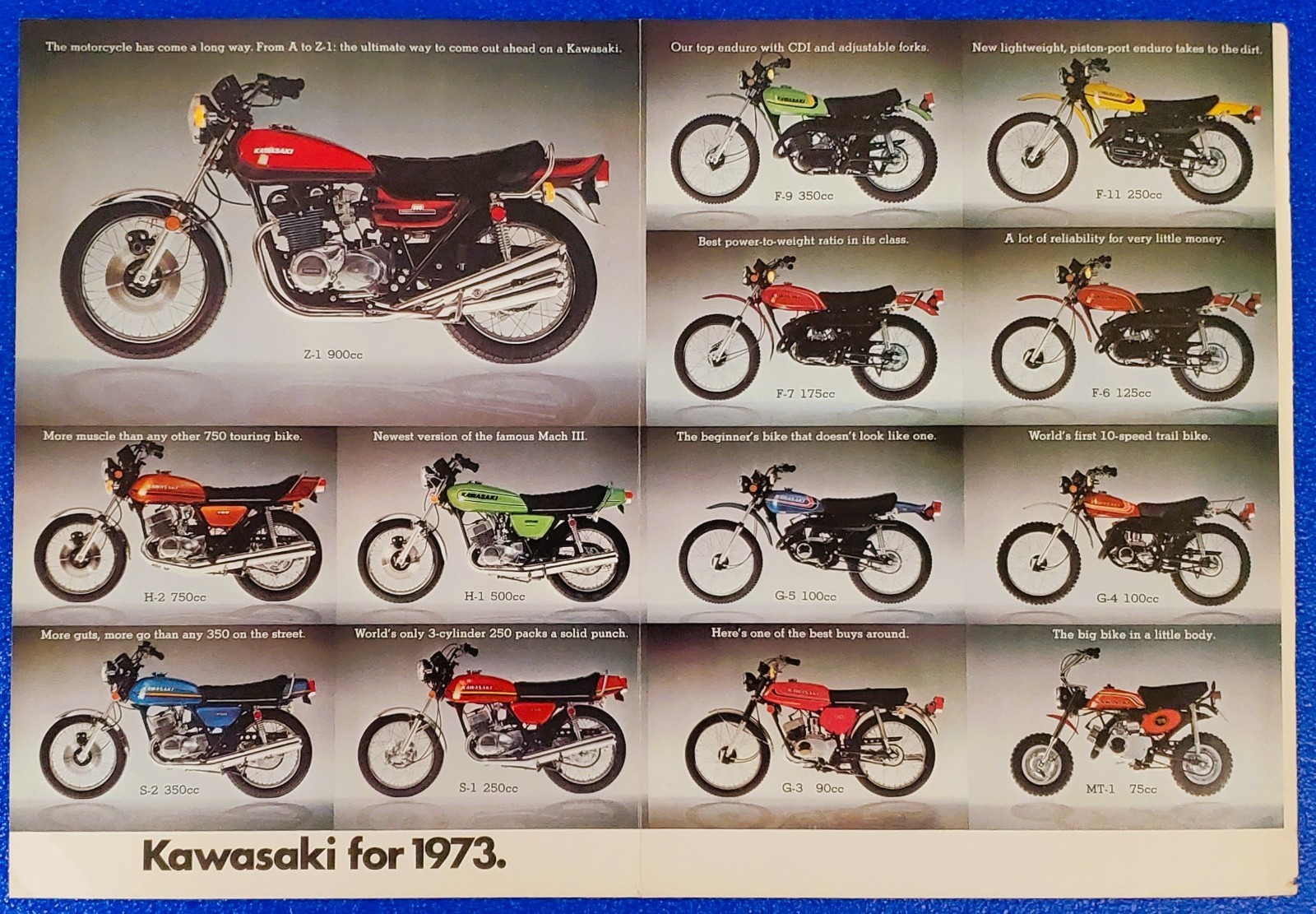 1973 Kawasaki Product Line-Up 2pg Print Ad Japanese Vintage Motorcycle Wall Art