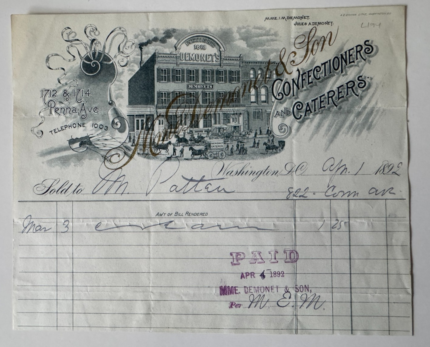 1892 Billhead Washington DC Demonet Confectioners 1712 Pennsylvania Ave vignette