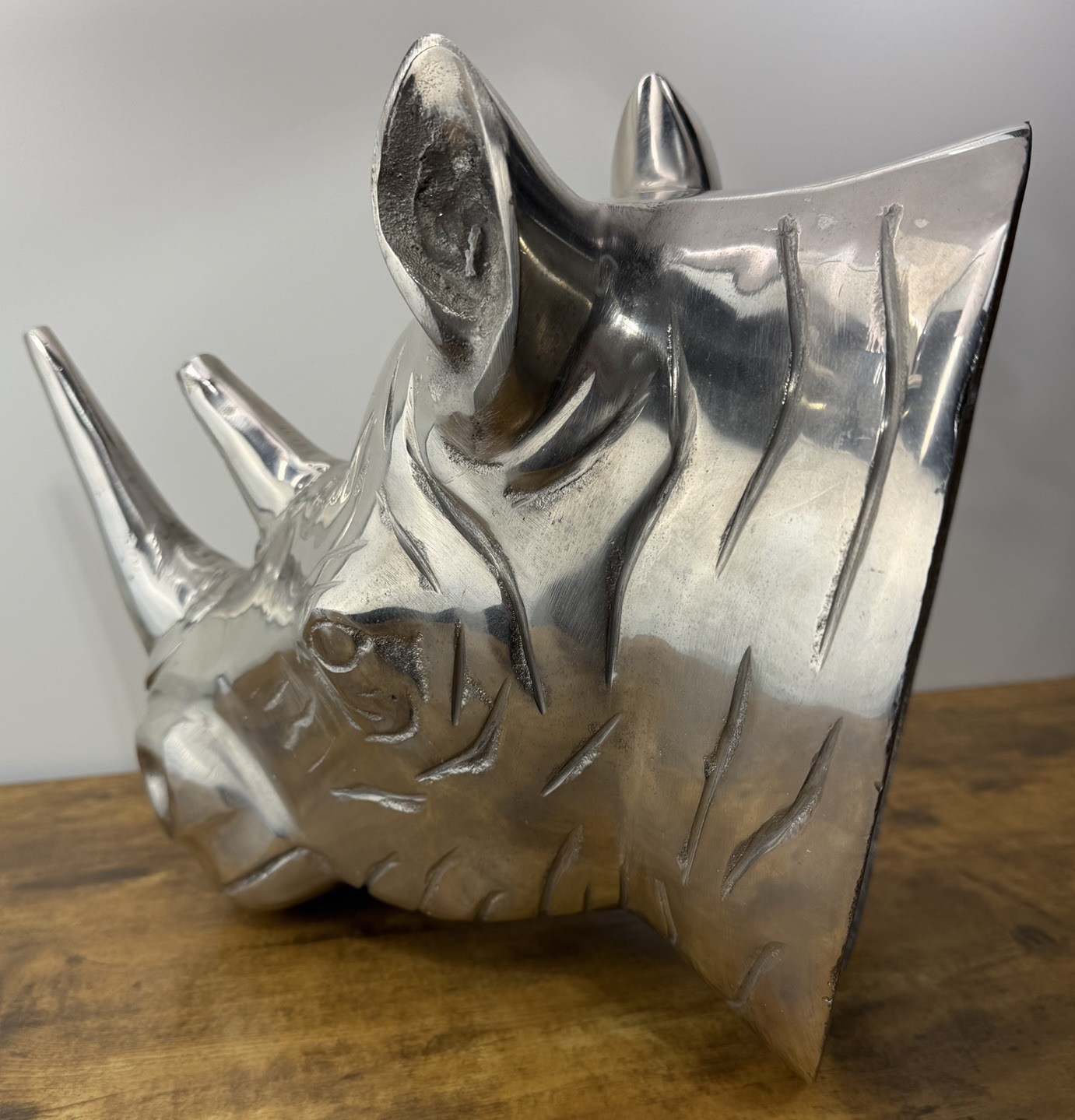Large Cast Aluminum Rhino Rhinoceros Head Wall Mount Sculpture Silver Decor VTG