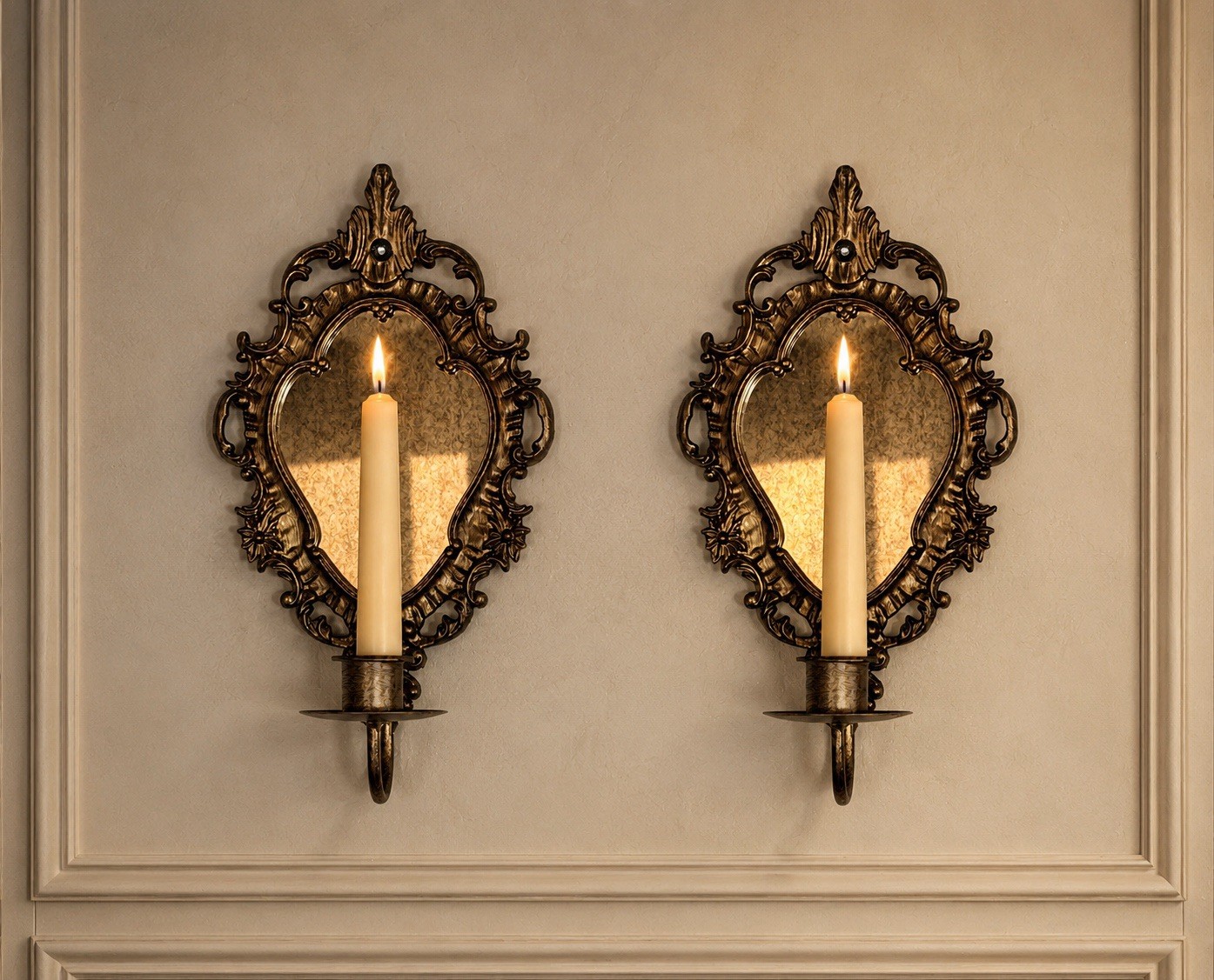 2 Antique Bronze Ornate Metal Baroque Style Mirrored Wall Sconce Candle Holder