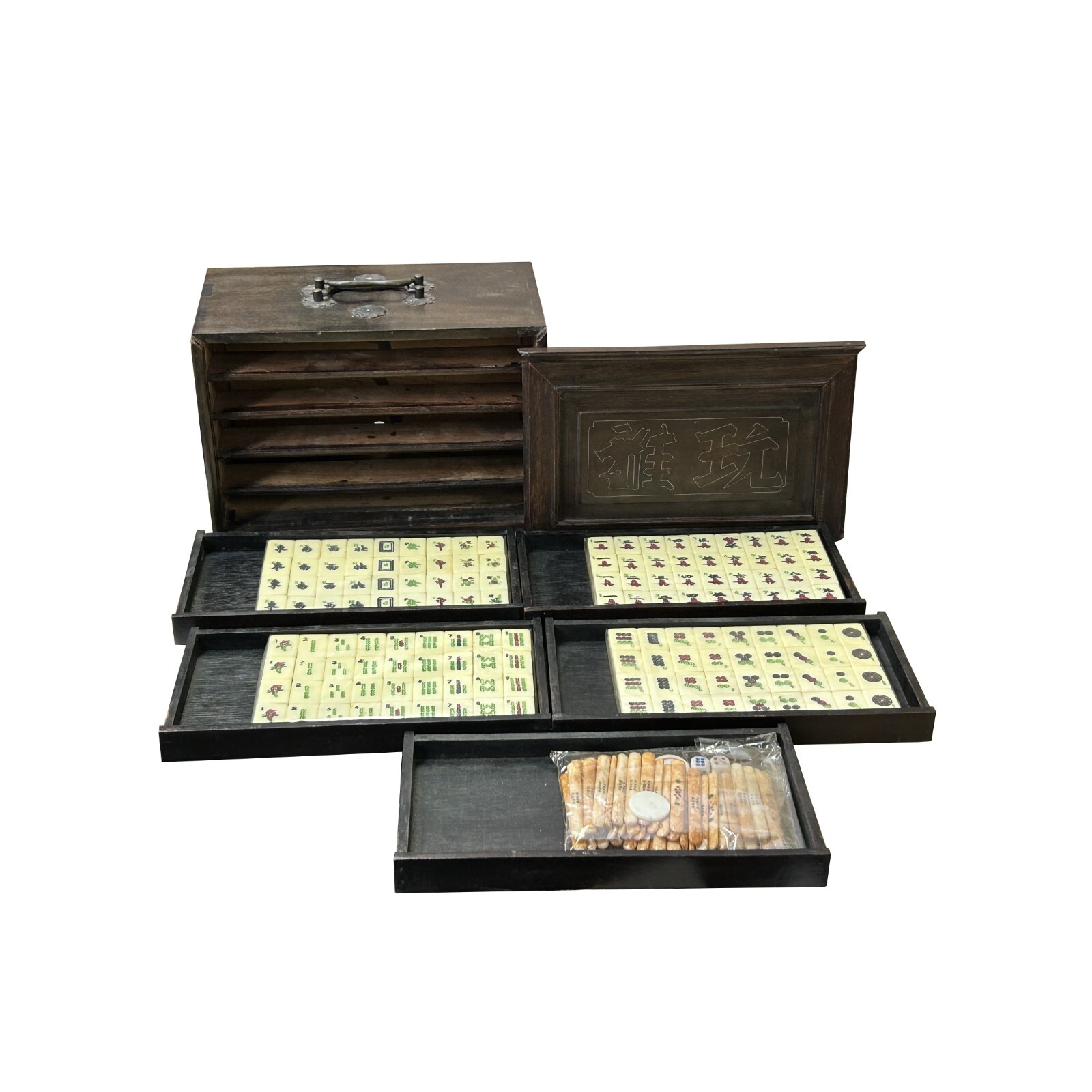 Chinese Mahjong Tiles Set w Characters Inlay Drawers Box Chest ws3942
