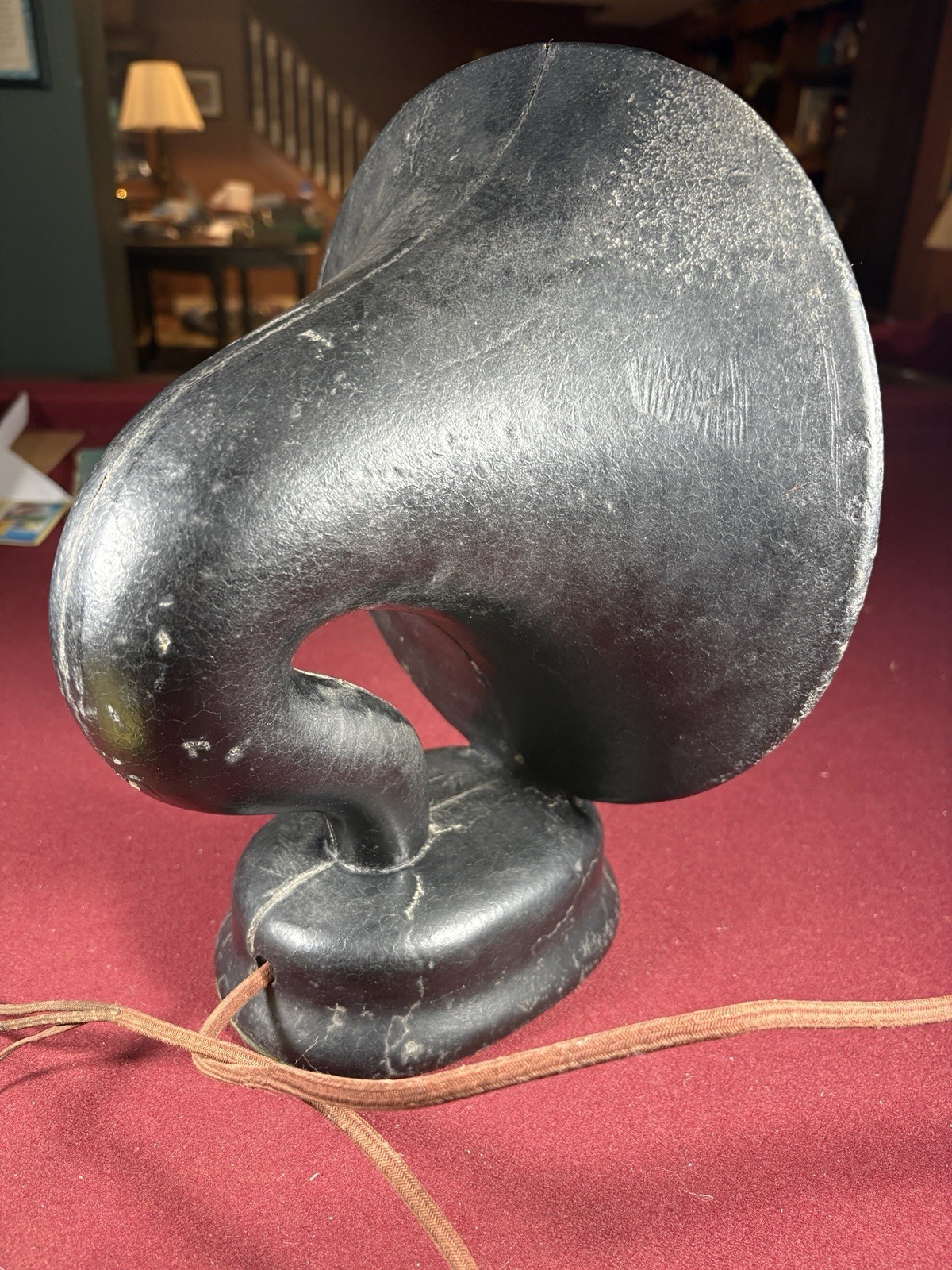 Post WWI Black Pyralin Radio Horn Speaker Wiring Intact, Very Unusual Base