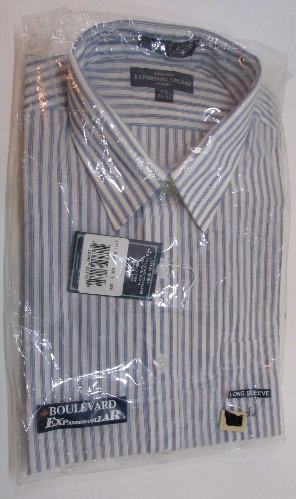 NWT Men's 17 - 32/33 Boulevard Expanding Collar White Blue Striped Long Sleeve