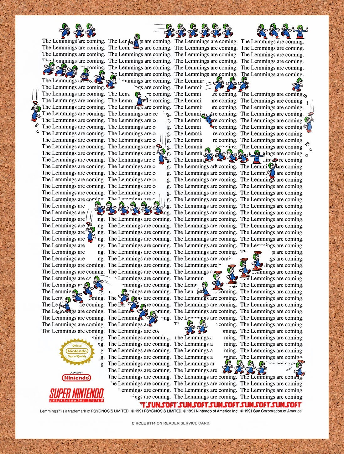1991 Lemmings SNES Original Advertisement / Retro Wall Art v4