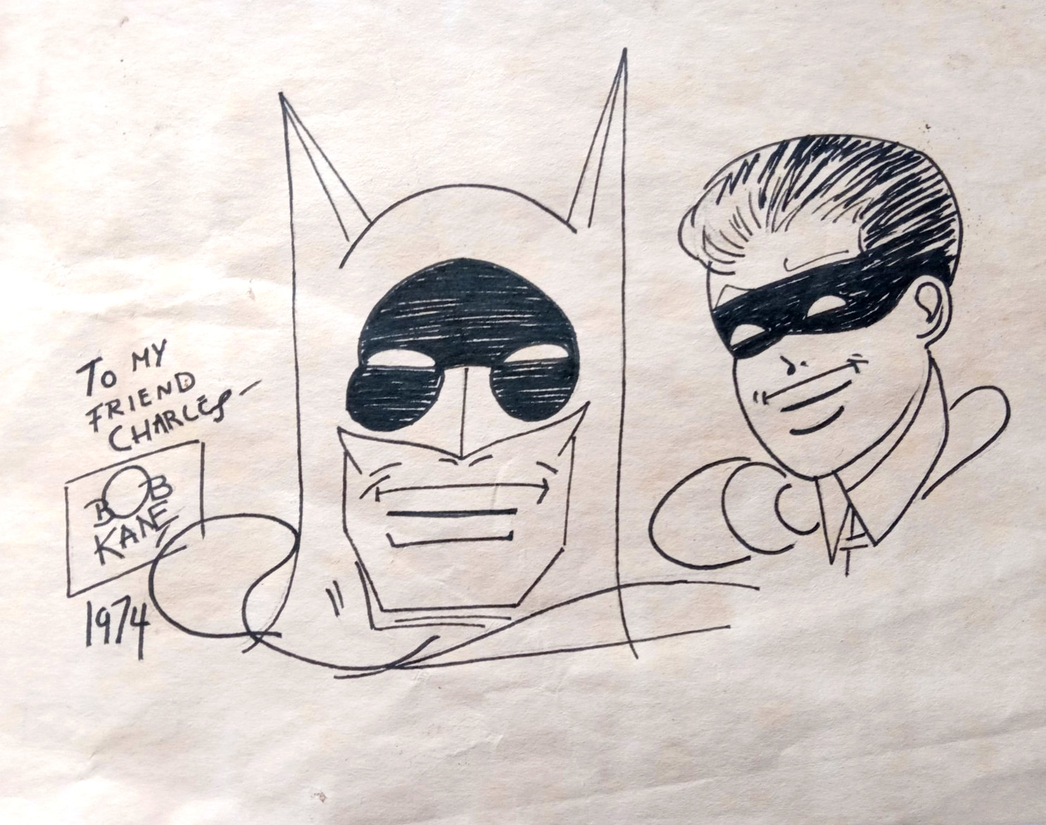 RARE ORIG '74 BOB KANE BATMAN ROBIN DRAWING to 