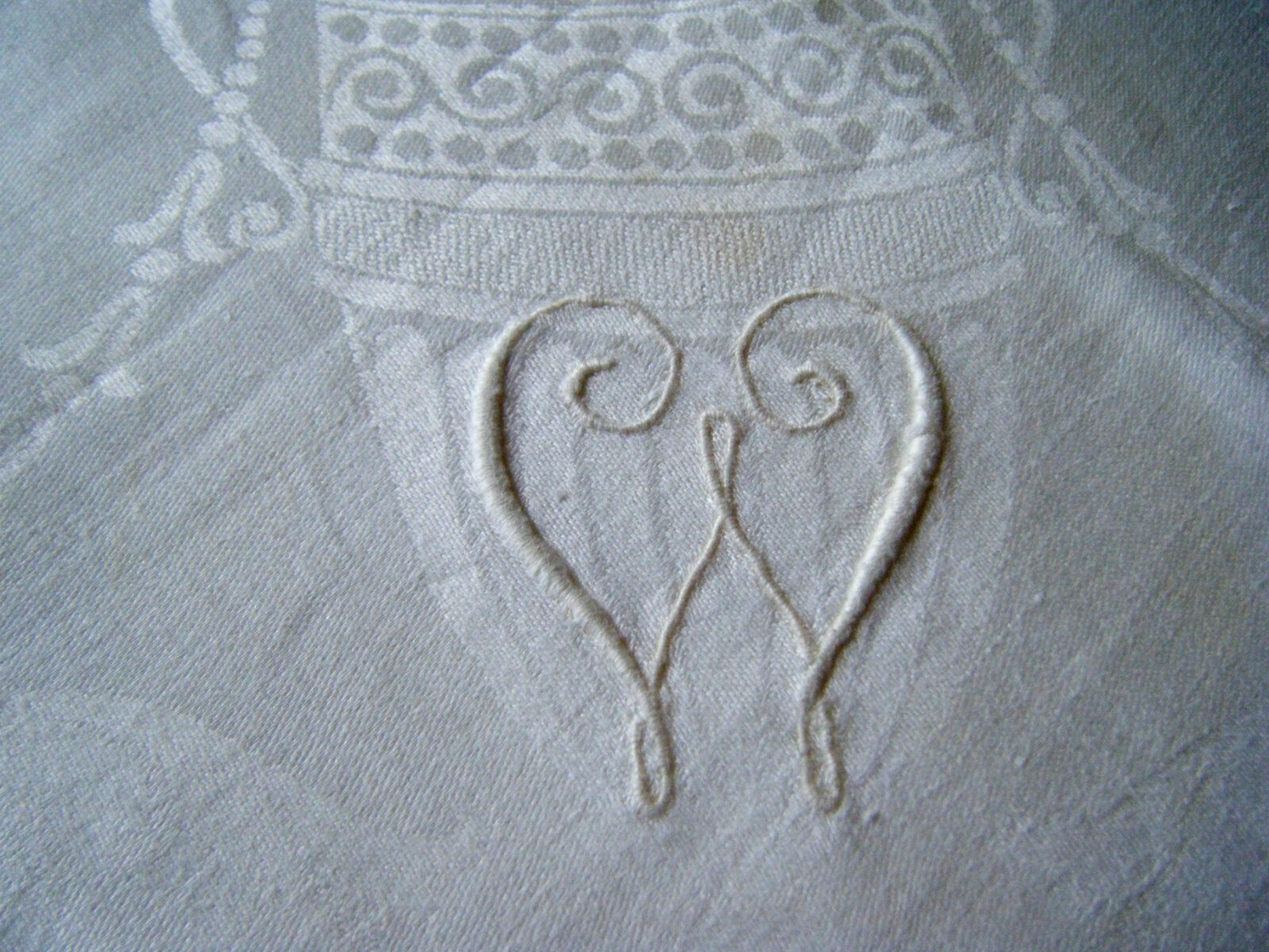 Antique 19c banquet square tablecloth Irish linen damask w mono W   82