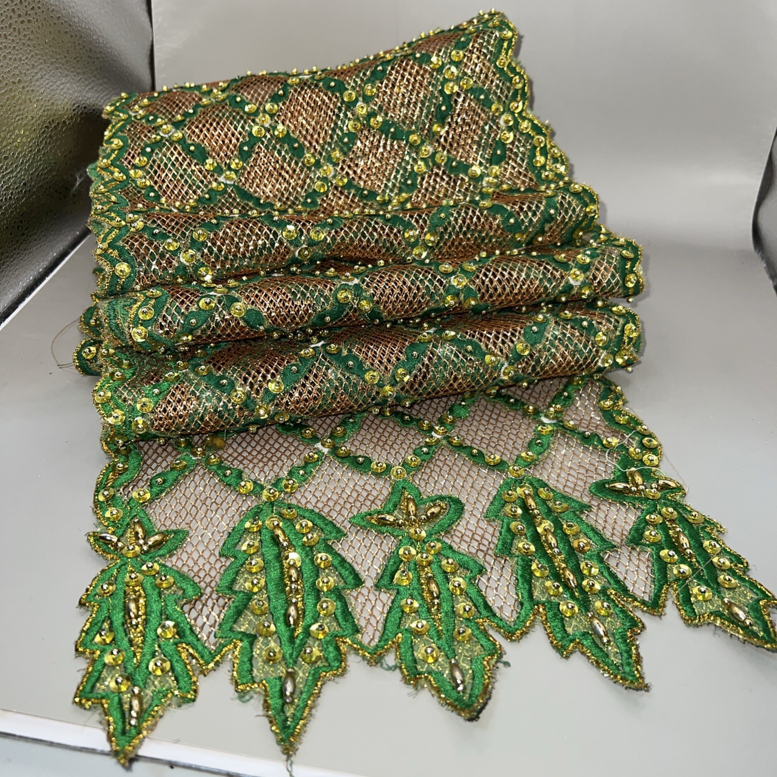 Vintage green & gold Sequin Runner 9’ L X 12” W, Handmade Sequins, Beads St Pats