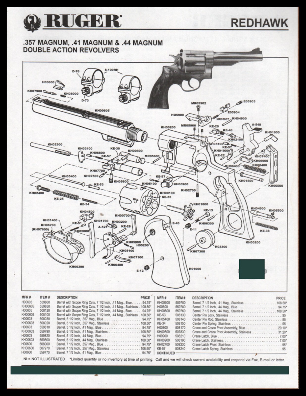 1999 RUGER  Redhawk DA 357, 41, 44 Magnum Revolver Schematic Parts List