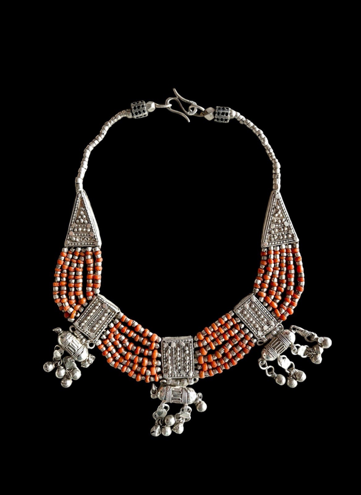 Antique Solid Silver Yemenite Coral Necklace Tribal Jewish Wedding Filigree