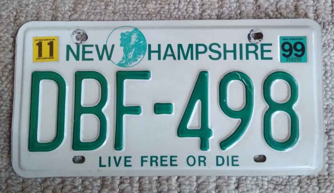 1999 New Hampshire License Plate DBF 498 - LIVE FREE OR DIE