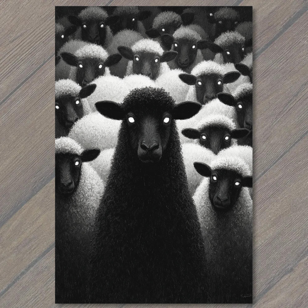 POSTCARD Black Sheep White Flock Glowing Eyes Dark Surreal