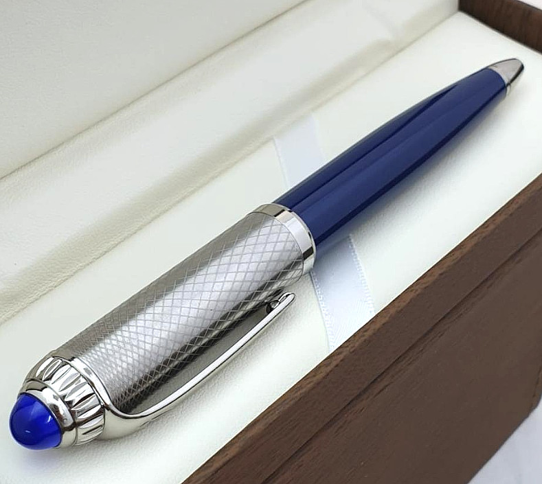 Cartier Iced Blue Guilloche Ballpoint Pen Luxury Writing Instrument w/ Box