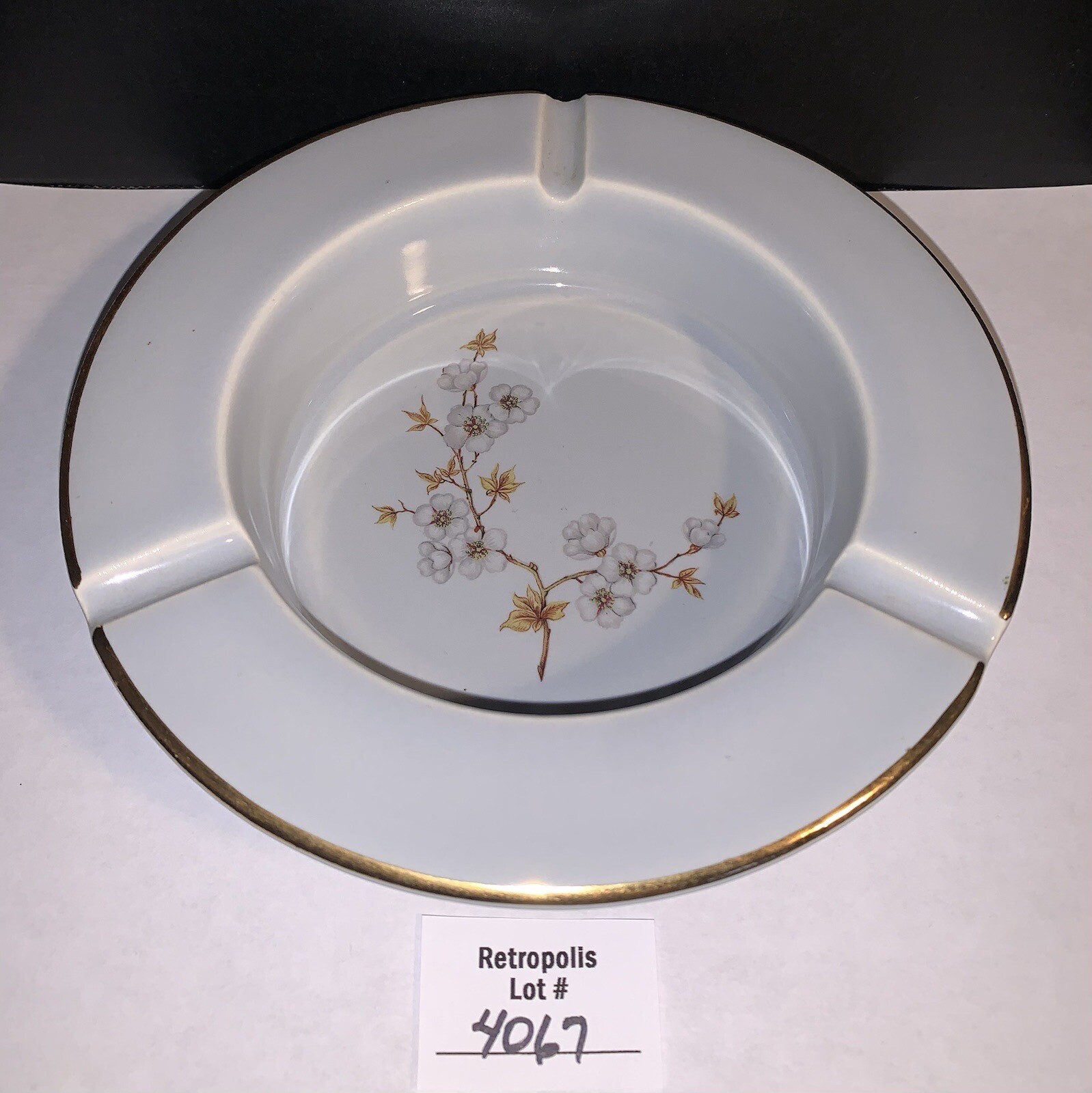 Vintage Hyalyn Porcelain Ashtray Grey Blue Floral Gold Trim #829