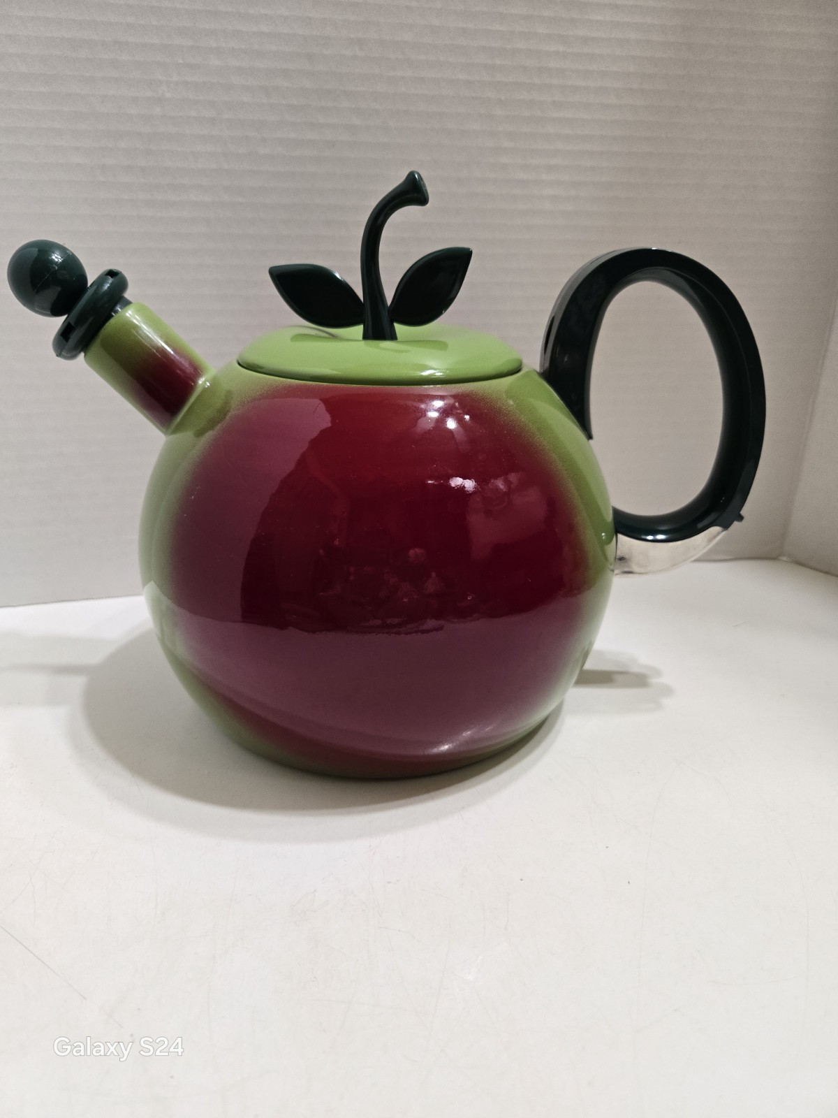 Vintage COPCO 1980s Green Apple Enamel Whistling Tea Kettle- 2 1/2 Quart