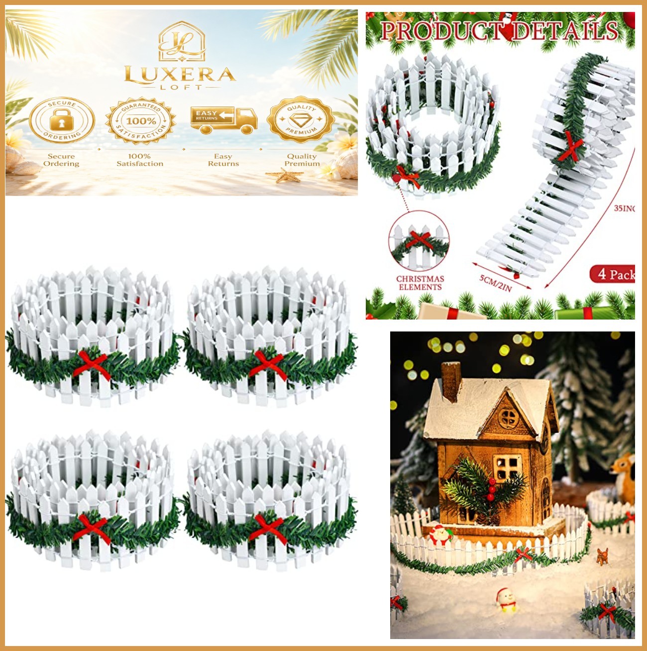 2 Pc Christmas Village Picket Fence White Wooden Garden Decor 35 Inch