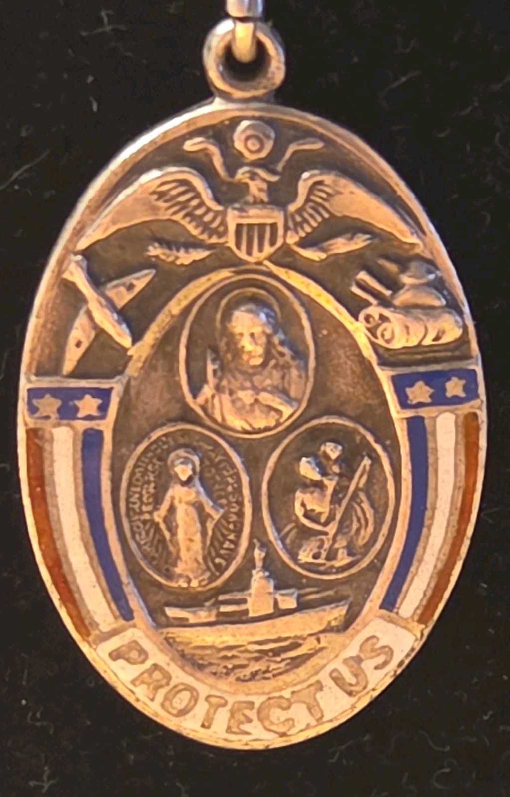 Vintage WW II ERA Sterling Silver Land Air Sea Protect Us Medal Pendant Necklace