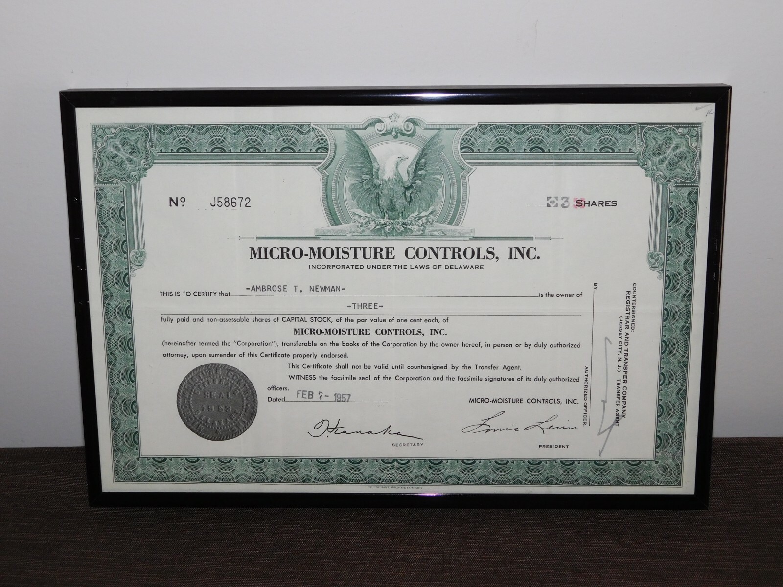 VINTAGE 1957 MICRO-MOISTURE CONTROLS INC DELAWARE NICE  FRAMED SOUVENIR
