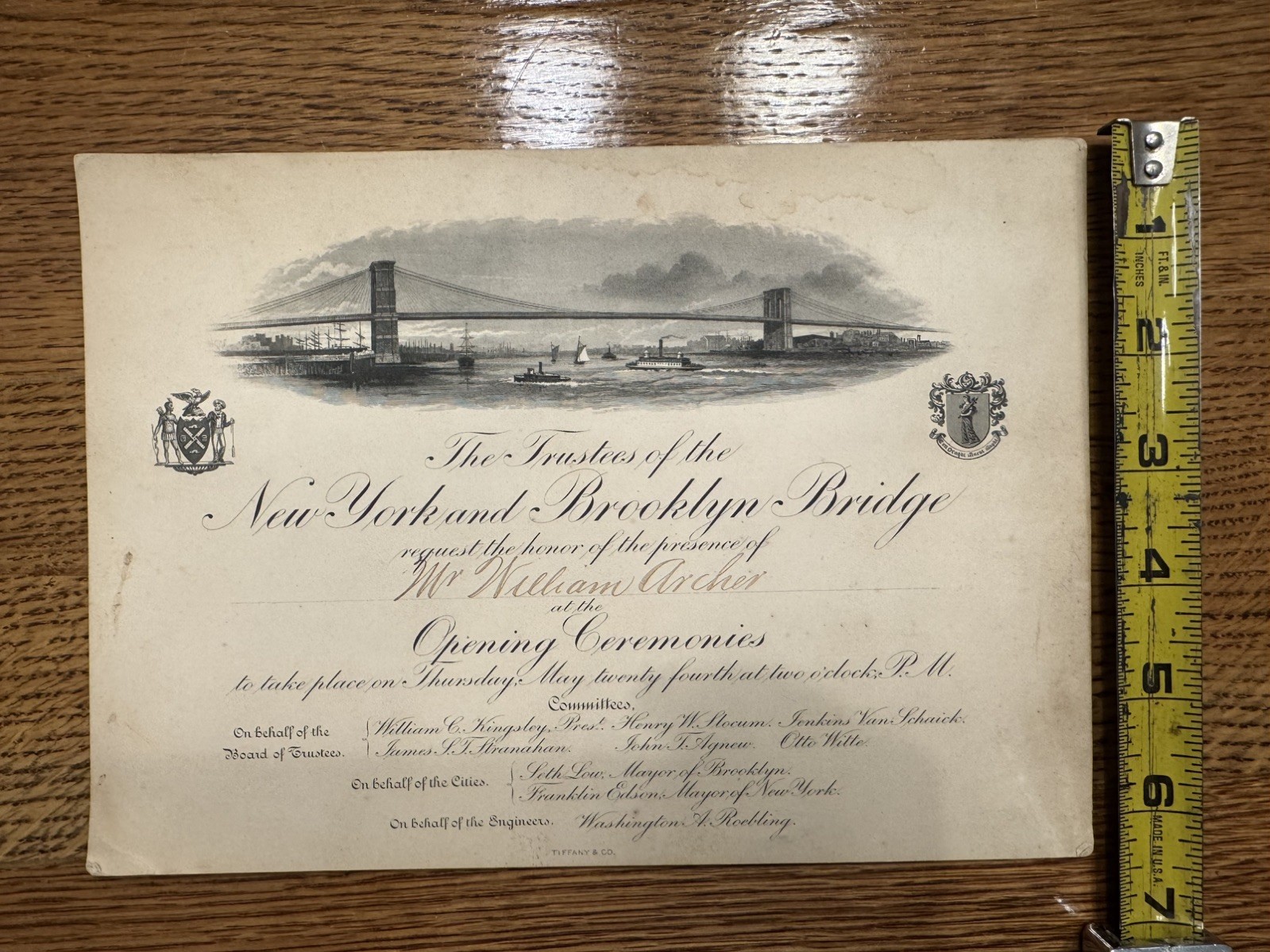 1883 Brooklyn Bridge Opening Invitation Tiffany & Co Original William Archer