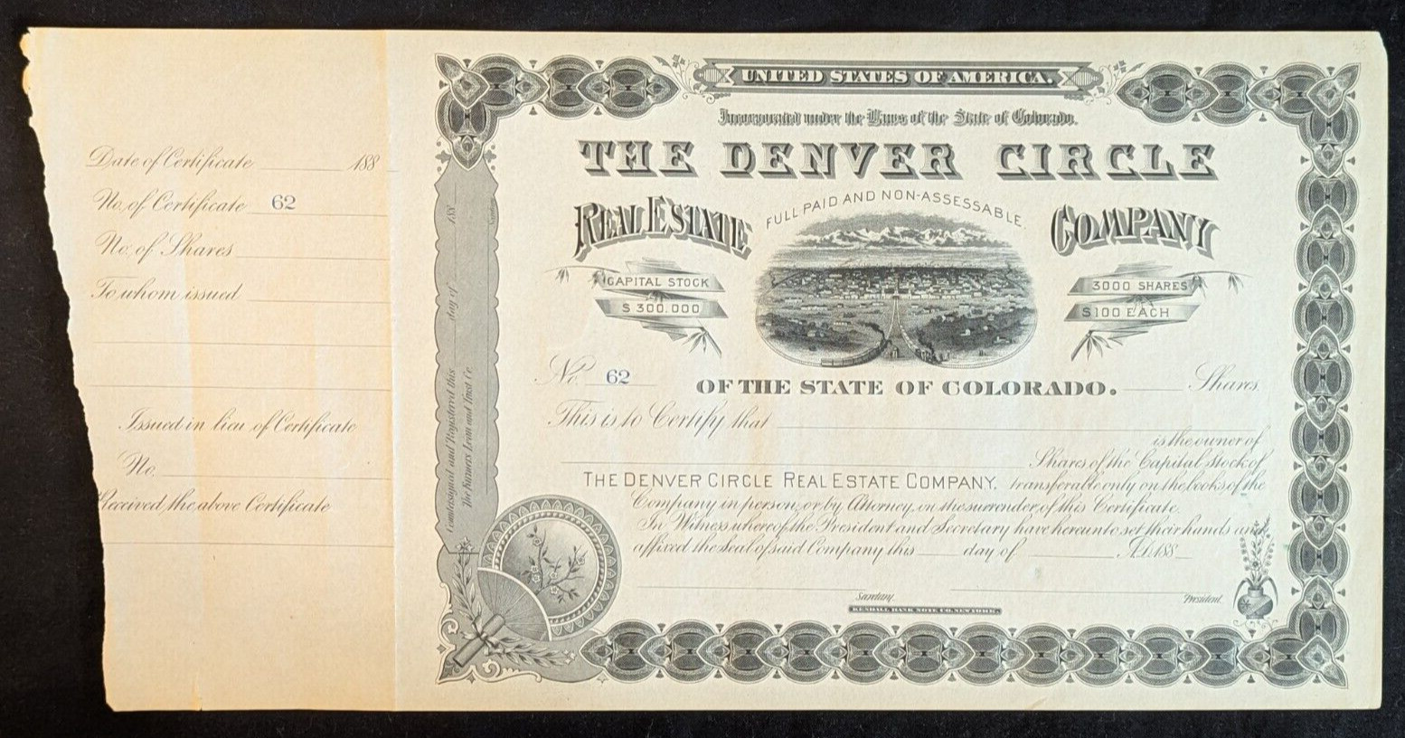 Denver Circle Real Estate Company Stock Certificate 1880s Unused Railway #62