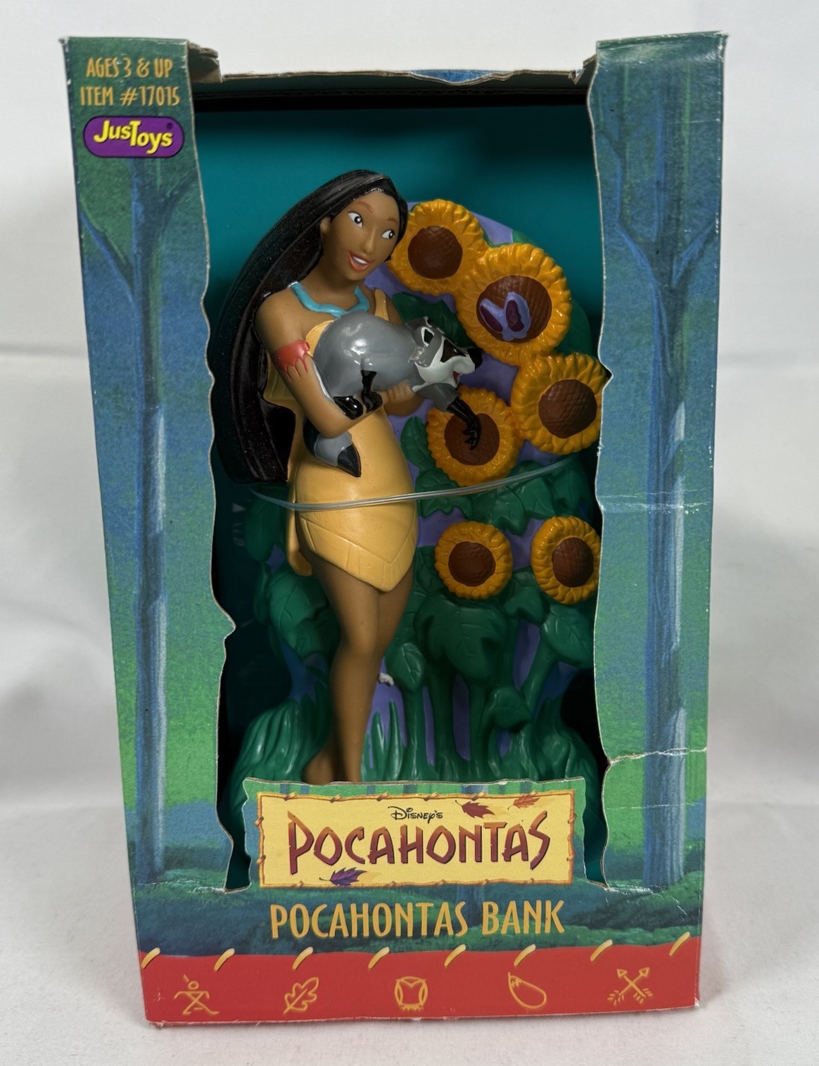 Vintage Disney Pocahontas & Meeko Sunflower Coin Bank Just Toys 1995 NEW 90s Toy