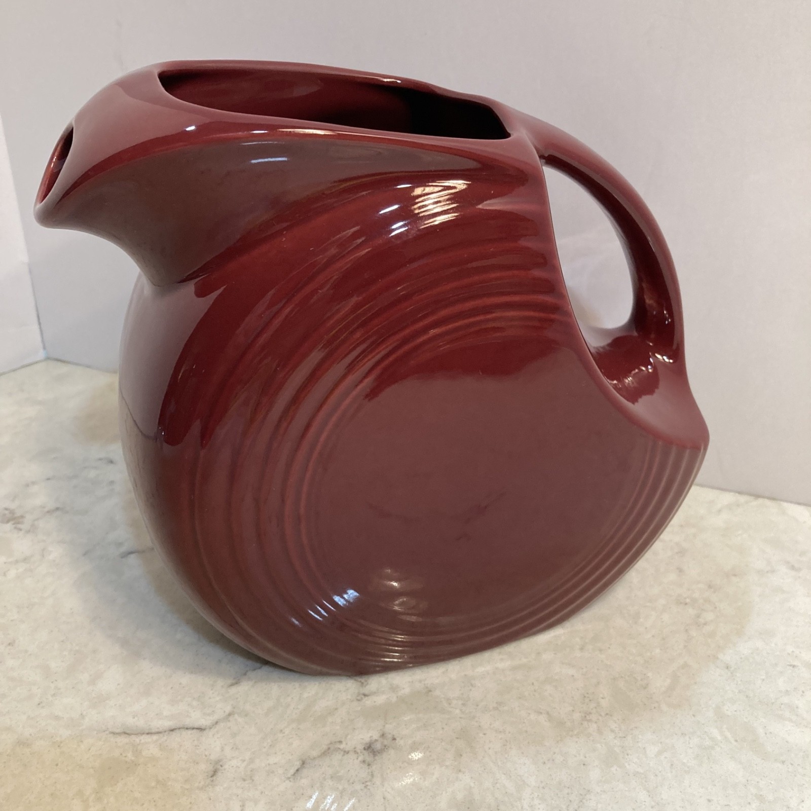 VTG Homer Laughlin Fiesta  Disc Pitcher Cinnabar/ Burgundy Large  7\