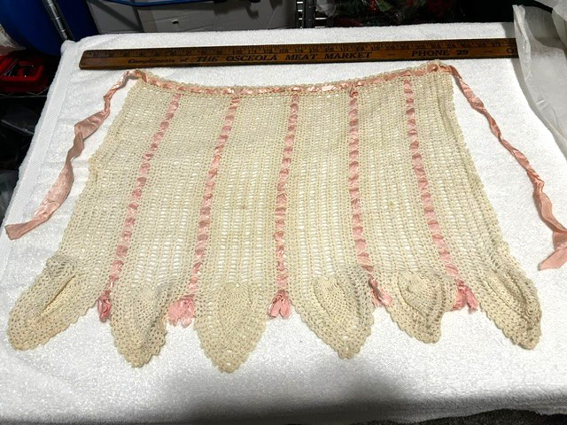 Vintage White Hand Sewn/Crochet Pink Ribbon Apron Kitsch Mid Century