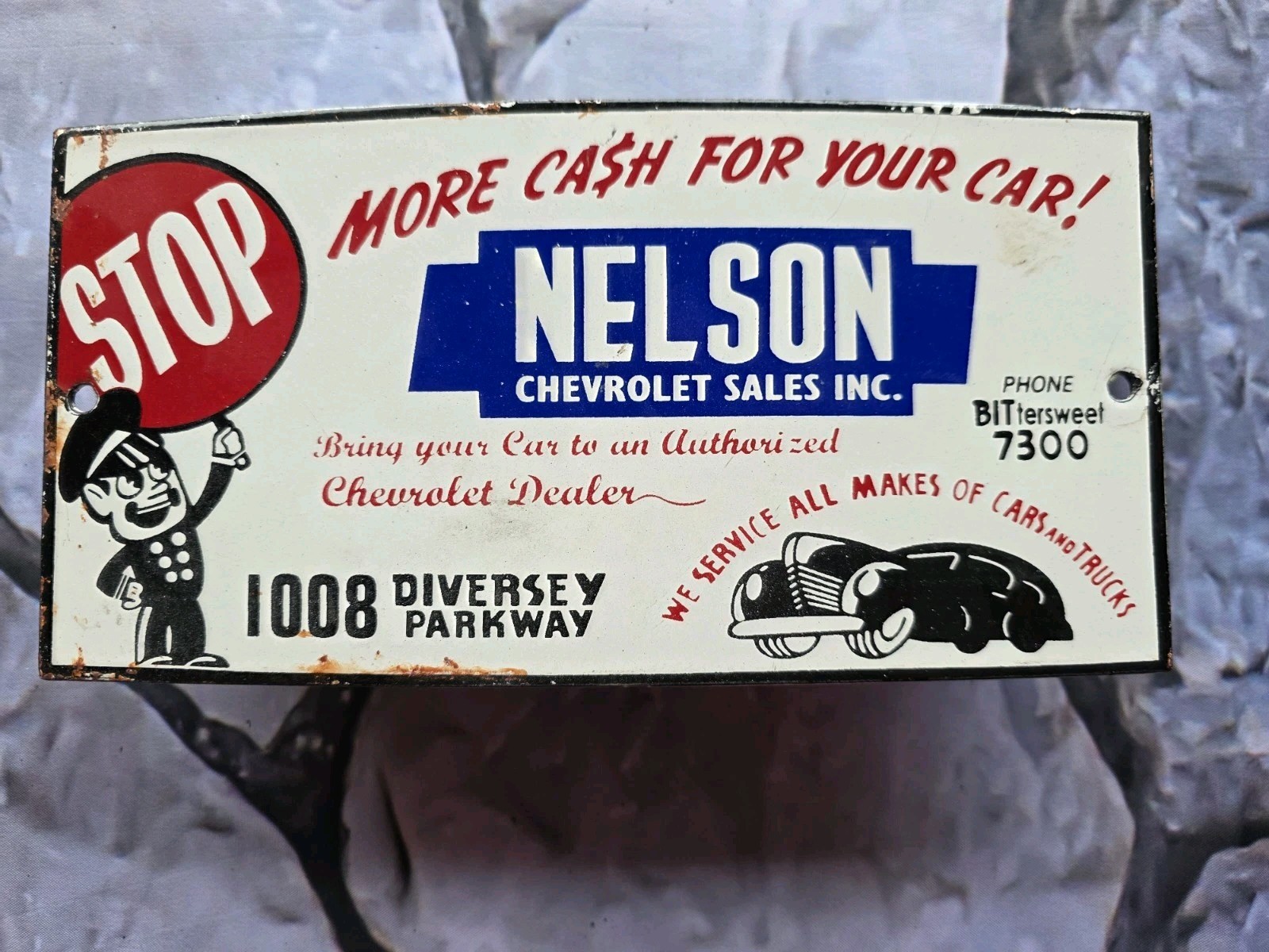 VINTAGE NELSON CHEVROLET DEALER SALES PORCELAIN SIGN CAR GAS TRUCK OIL 10\