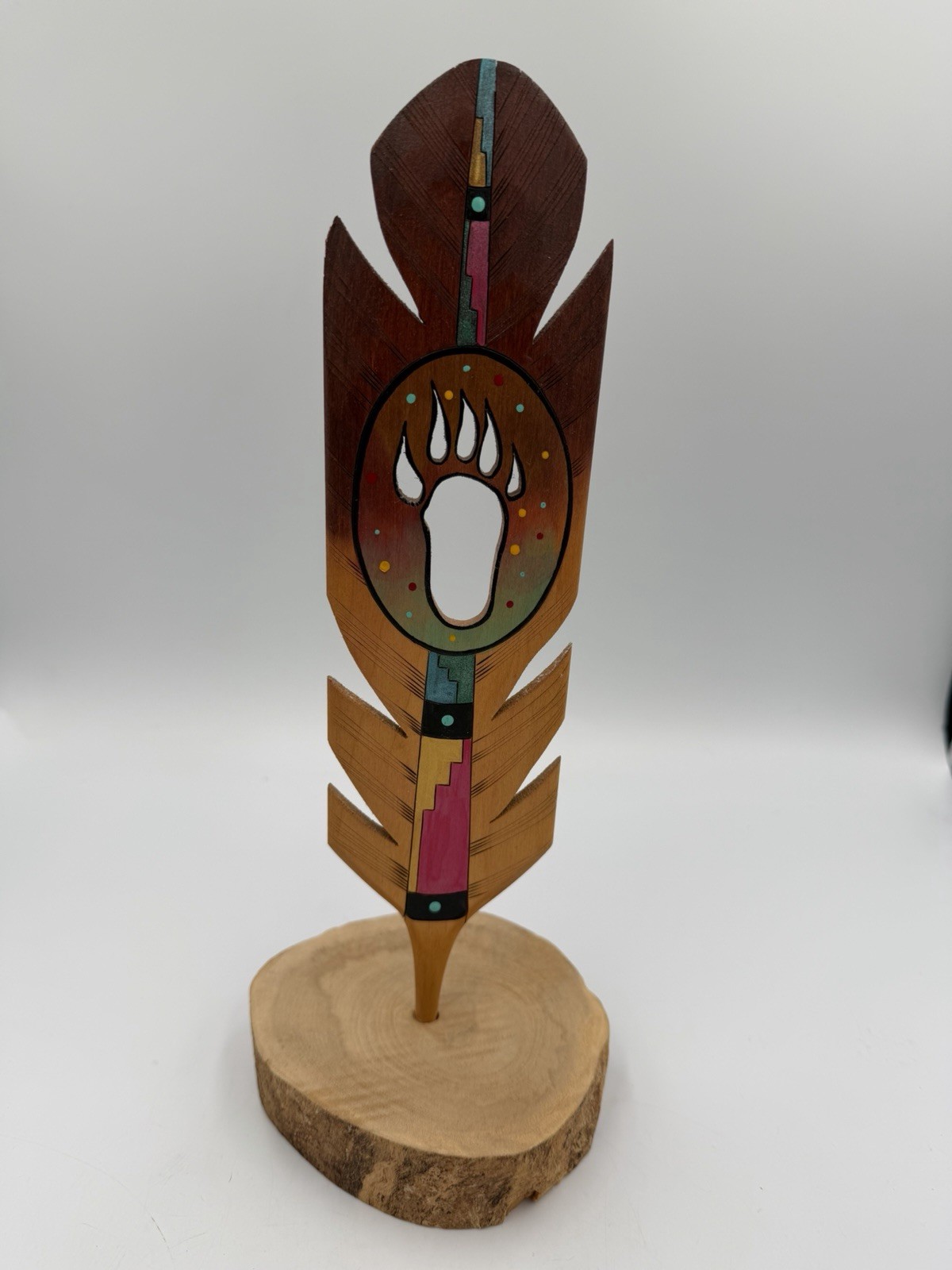 Hopi Carved Wood Bear Paw Prayer Feather Buddy Tubinaghtewa 2002  Signed 
