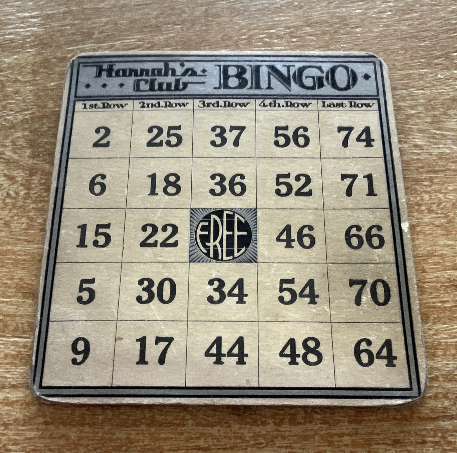 Vintage Hannah’s Club Bingo Game Card - Free Space, Blank Back