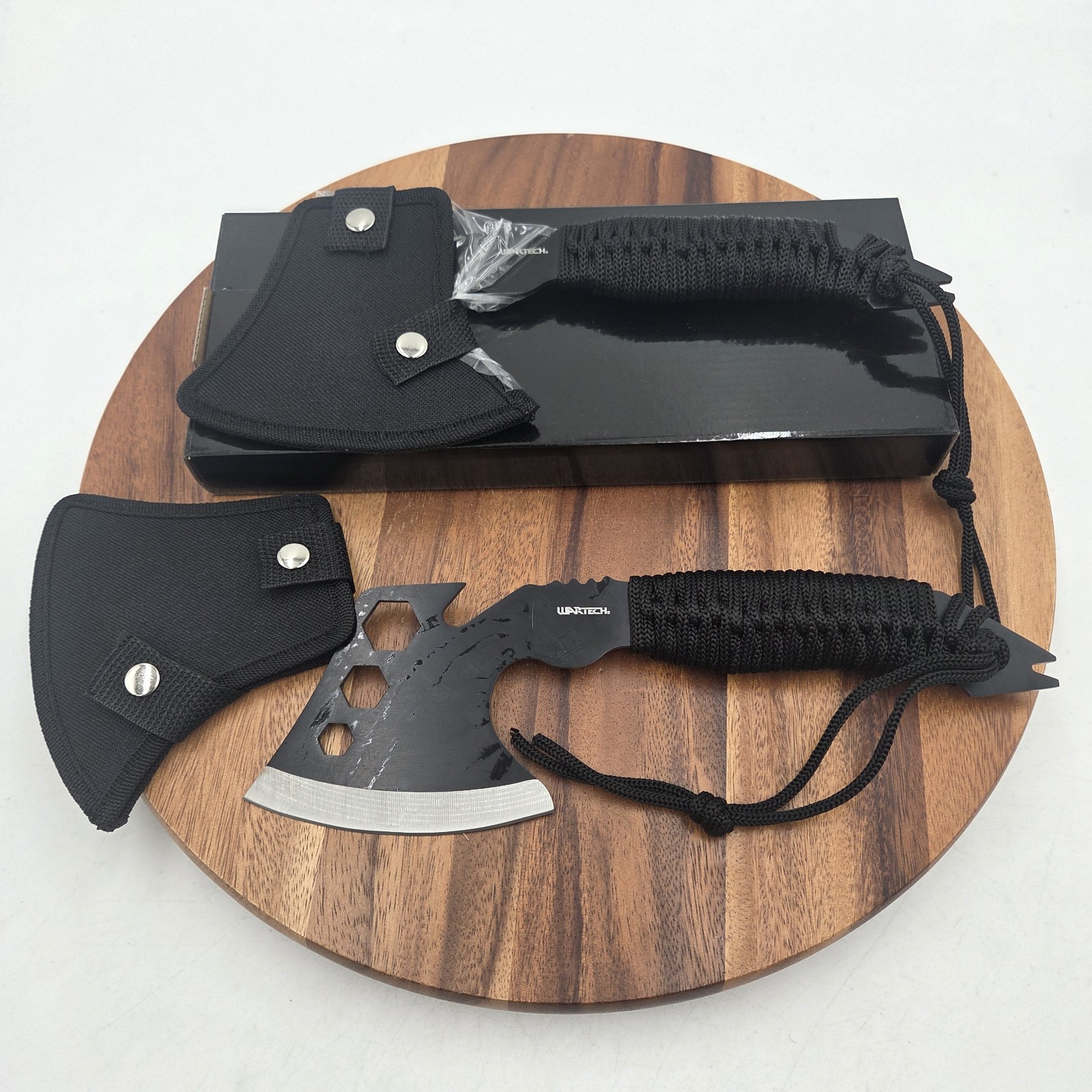 LOT OF 2-12 Inch Full Tang Tactical Steel Axe Hatchet Gut Hook Hex Holes- P-Cord