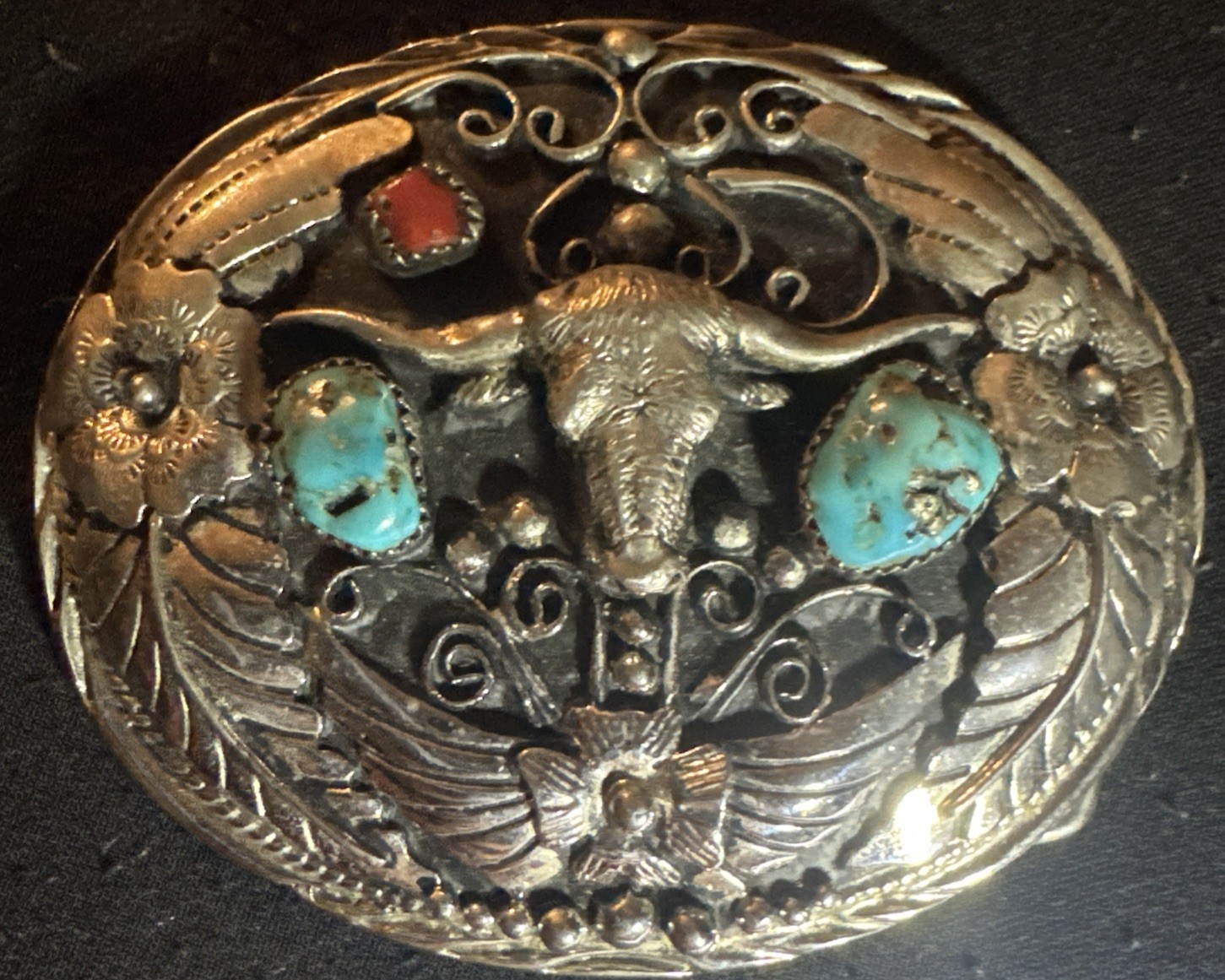 Vintage SSI Co. Native Handcrafted Turquoise & Coral Buffalo Belt Buckle