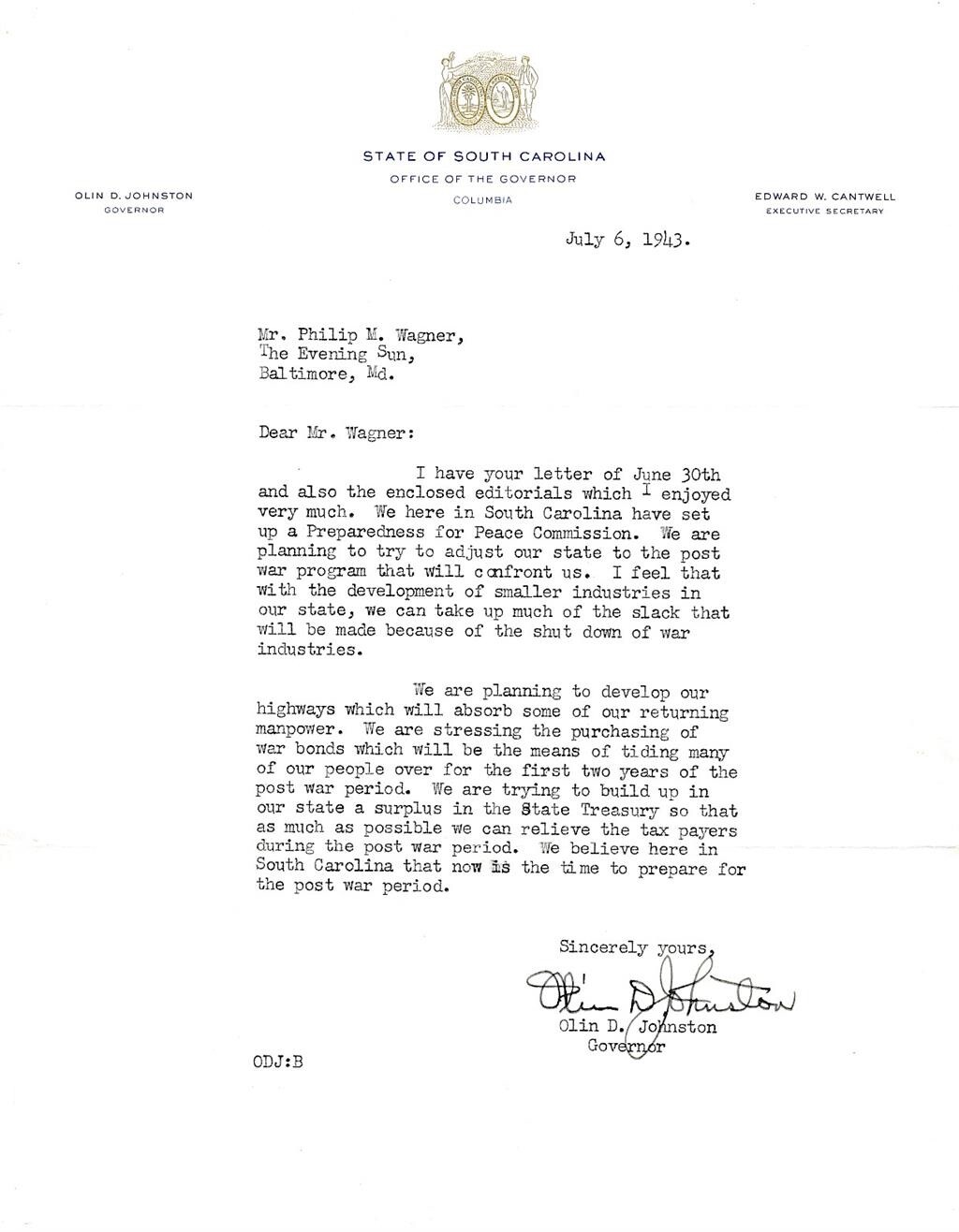 Olin D. Johnston- TSL (Gov. of South Carolina)