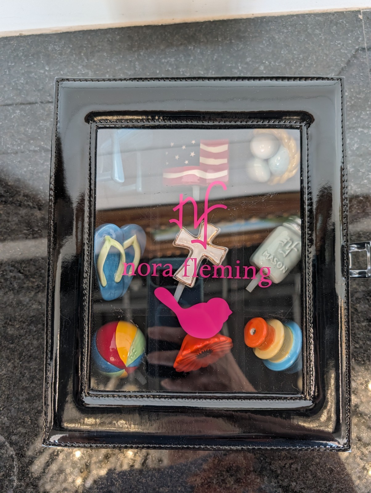 Nora Fleming  9-Slot Black Vinyl Mini Storage Case Pink Bird RETIRED With 9 Mini