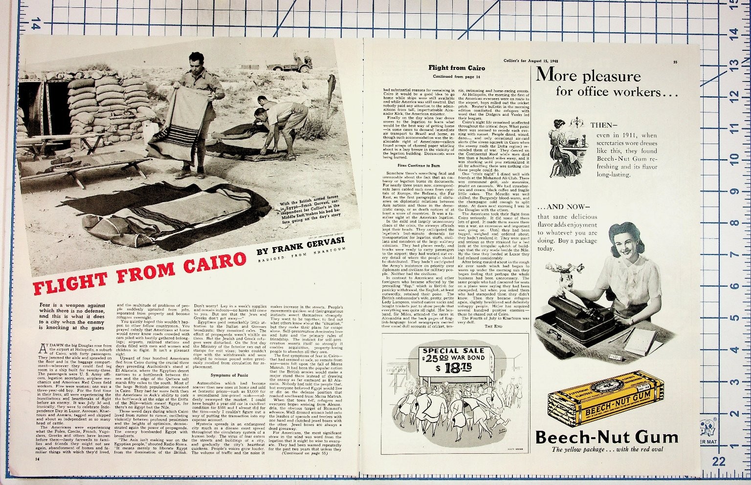 1942 Collier's Magazine Page WWII Cairo Article & Vintage Beech-Nut Gum Ad