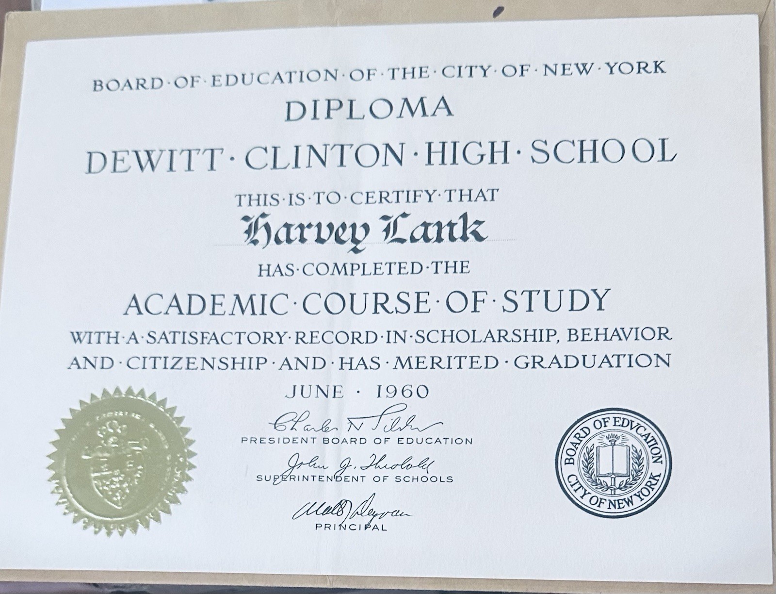 1960 Dewitt Clinton High School Bronx, New York Graduation Diploma w/ Envelope