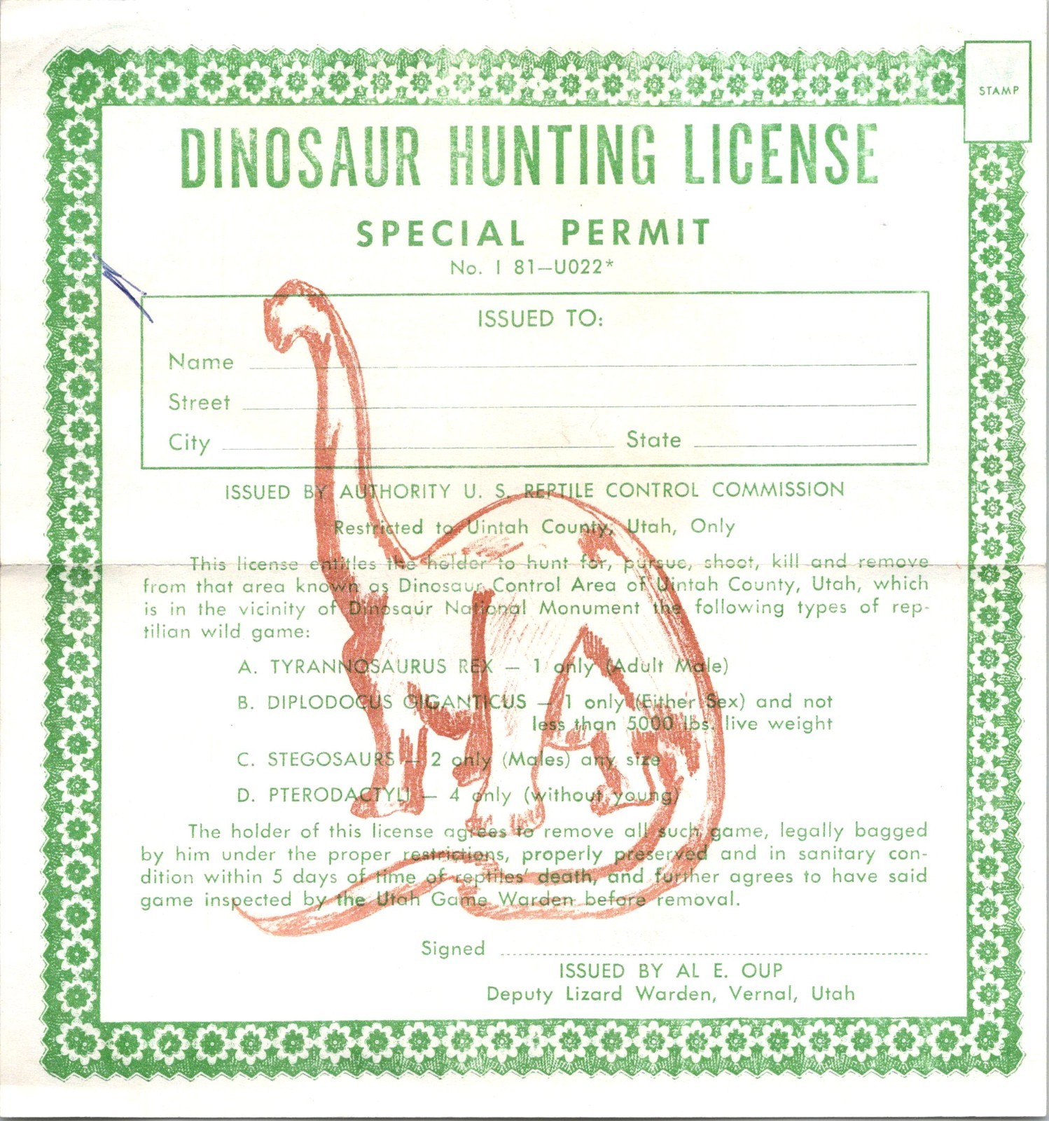 Dinosaur Hunting License Vernal UT Vintage Travel Leaflet 4A3