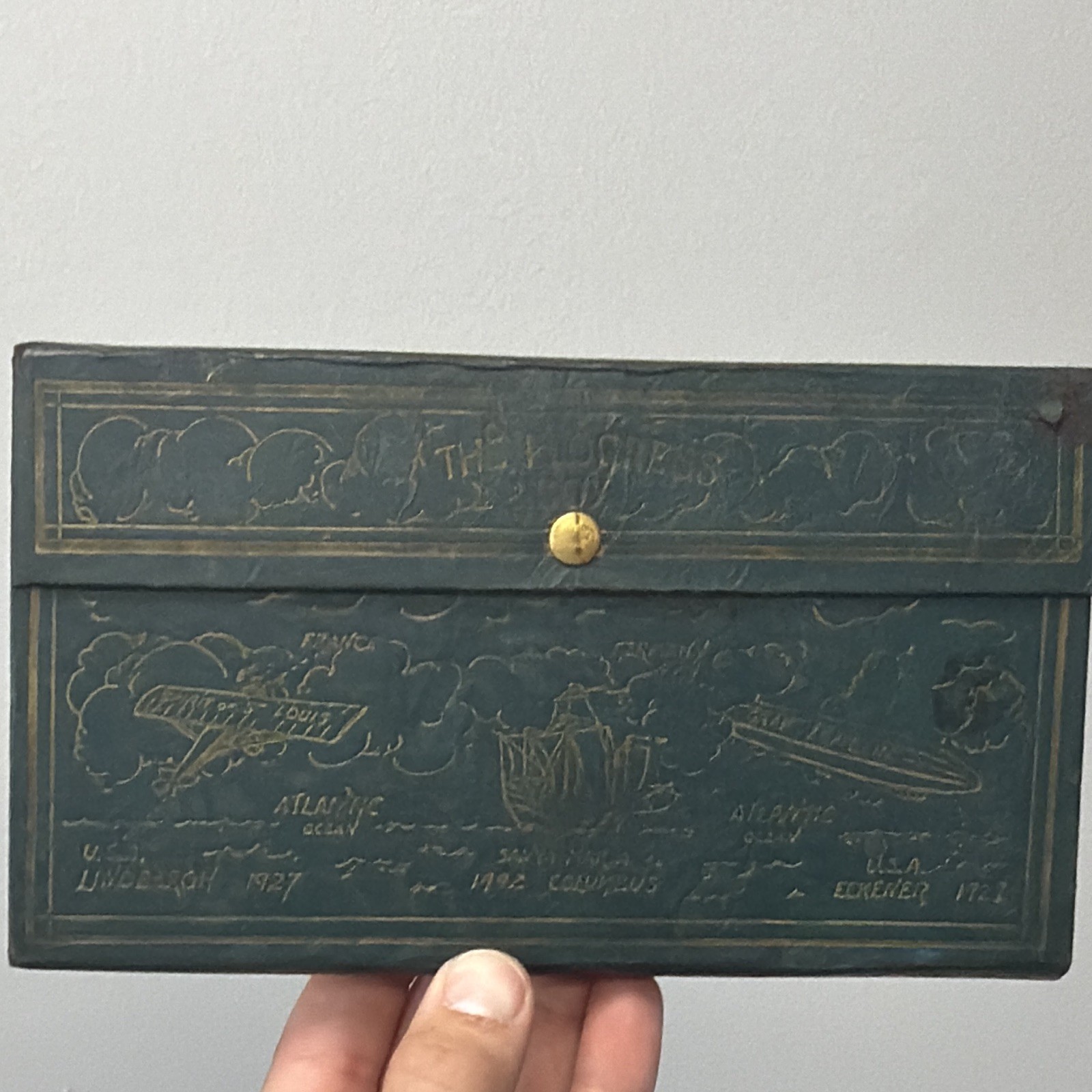 Vintage Rare Leatherette “The Progress Box” Green Marbled Pencil Box