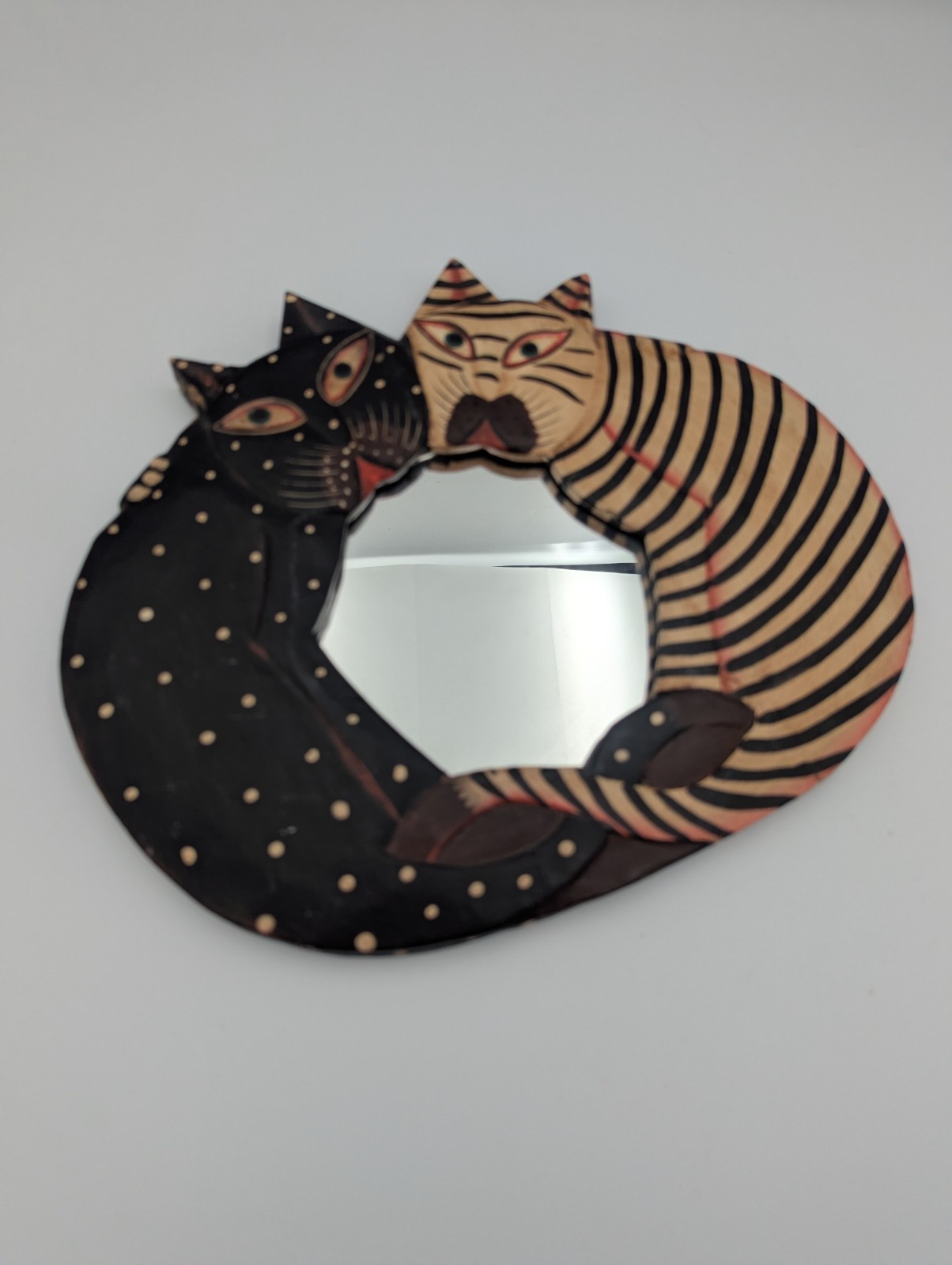 Vintage 90s Whimsical Wood Cat Mirror Folk Art Kitschy Boho Decor