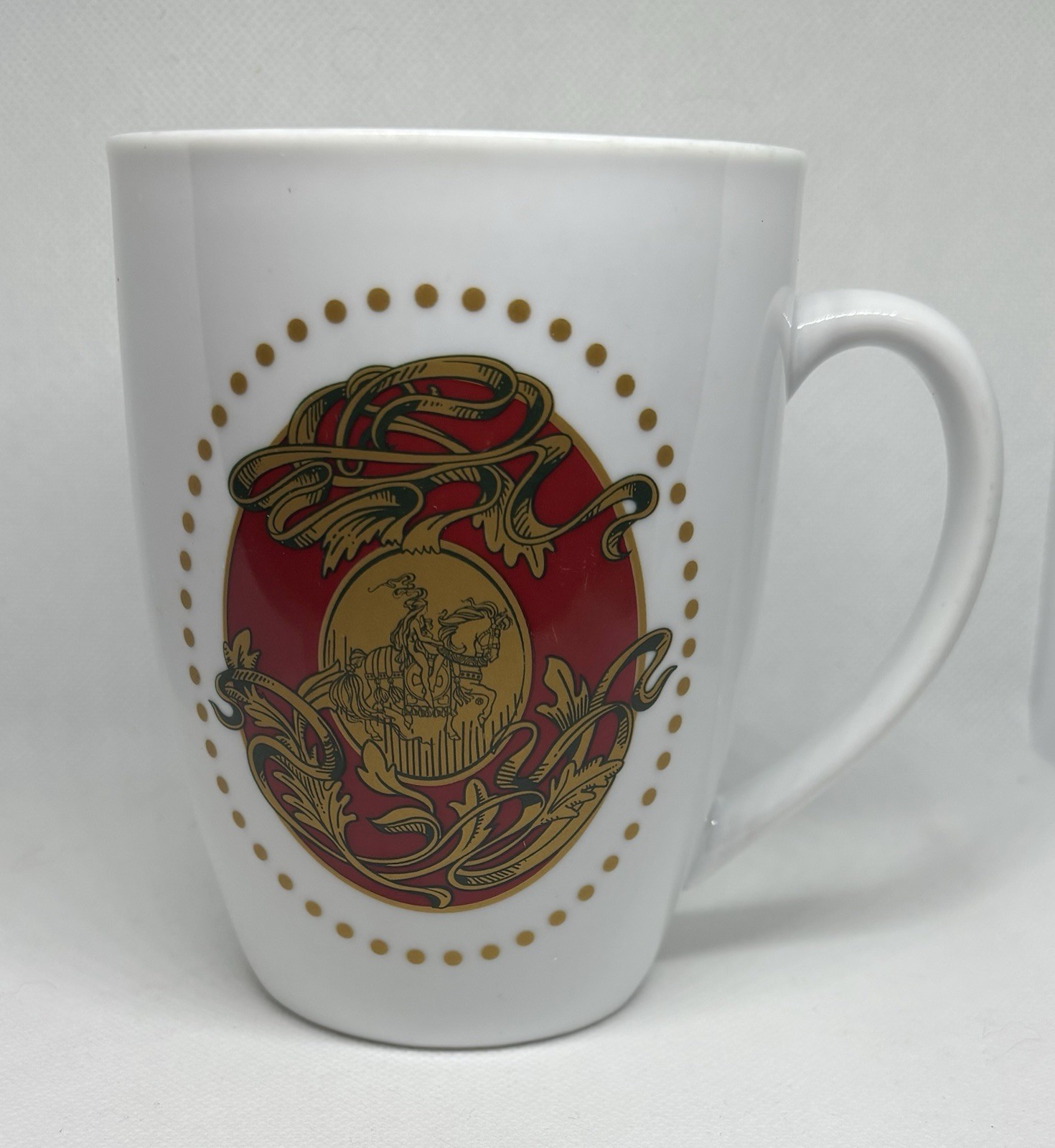 Godiva Chocolatier Cup Mug with Lady Godiva on Horseback on Red & Gold Crest