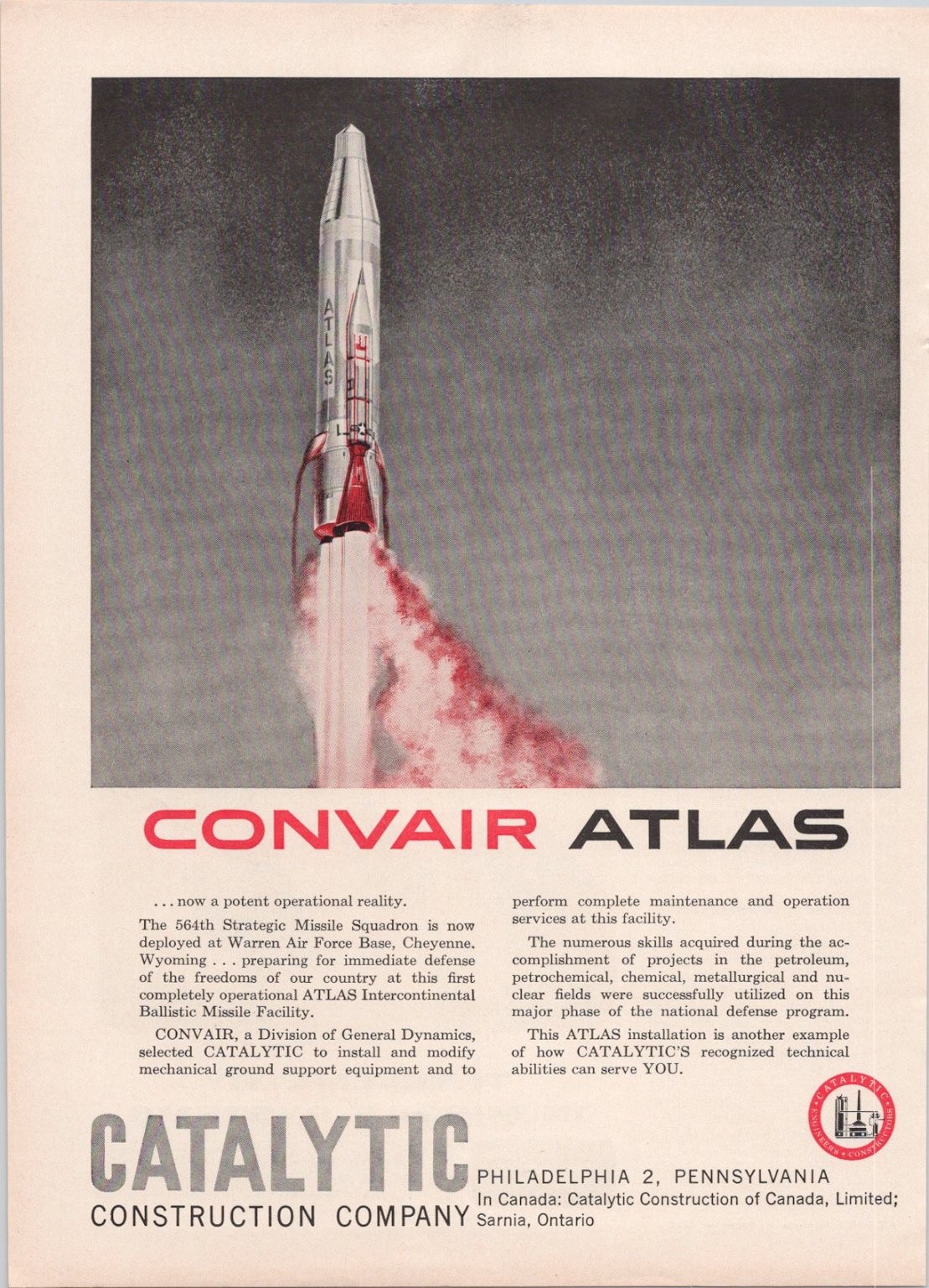 Convair Atlas ICBM Rocket Catalytic Construction Vintage Magazine Print Ad 1960