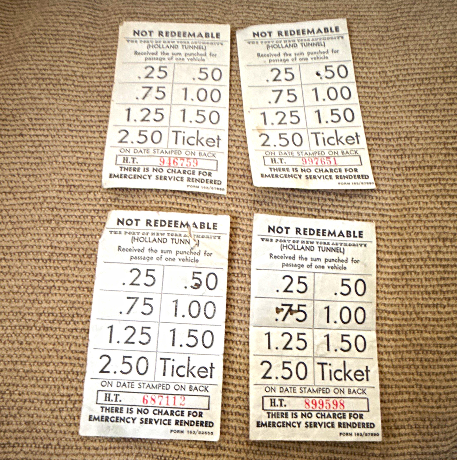 Lot of 4 Holland Tunnel Toll Tickets 1947 Port of New York Authority