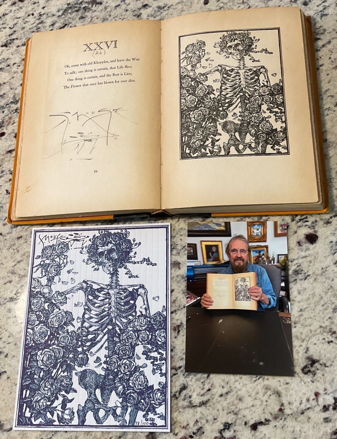 STANLEY MOUSE HAND SIGNED ORIGINAL BLOTTER ART AND VINTAGE BOOK RUBAIYAT  & COA