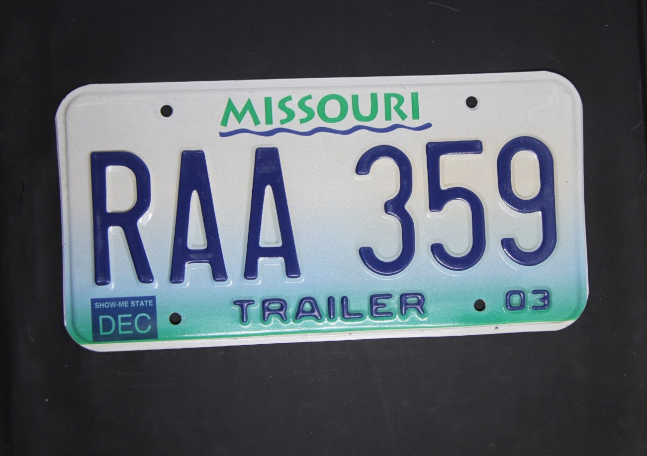 Original 2003 Missouri Trailer License Plate, RAA 359